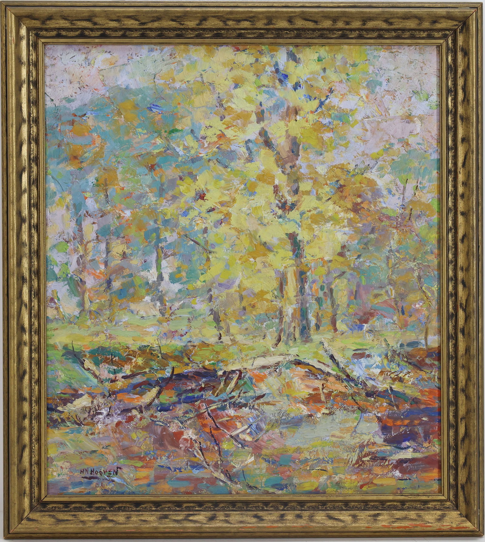 Herbert Nelson Hooven (1898 - 1979): Oil on board, SLR. Impressionist woodland with autumn foliage. 18.5"h x 16.5"w framed
