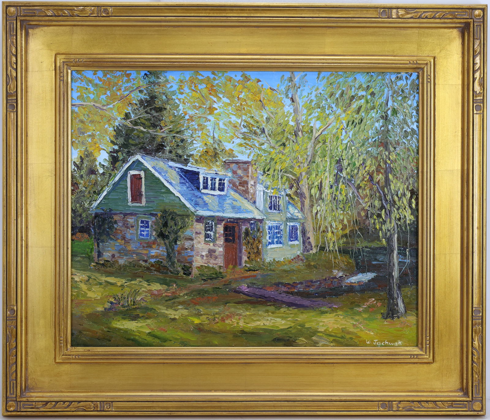 William Jachwak (Born 1954): Oil on canvas, :The William Lathrop Boathouse on the Canal", SLR. Impressionist landscape of a stone cottage. 16"h x 20"w and 22.5"h x 26.5"w framed