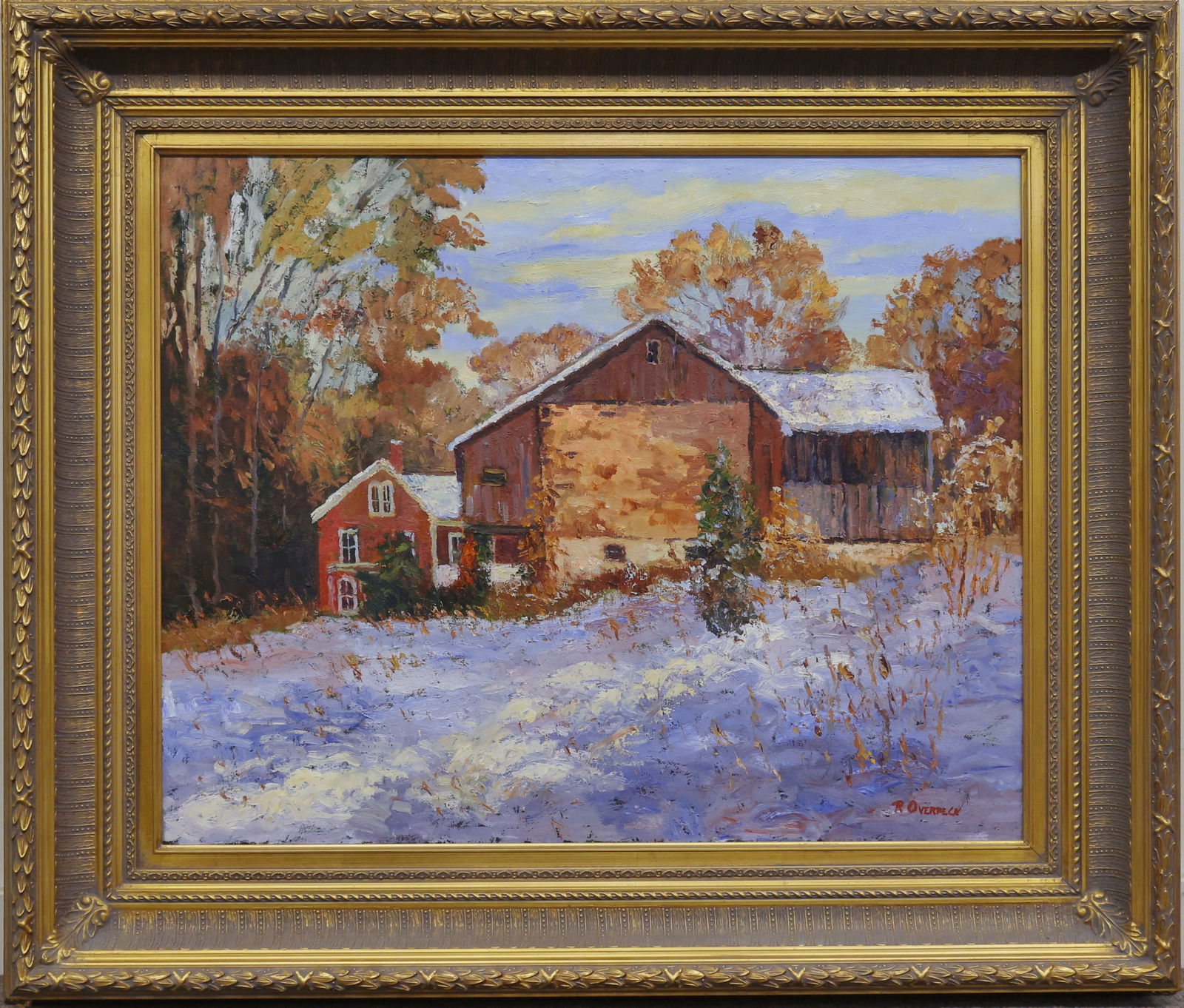Ray Overpeck (Born 1933): Oil on canvas, "Leithville Barn", SLR. Impressionist winter farm with red house and barn in fresh snow. 24"h x 30"w and 34.5"h x 40"w framed