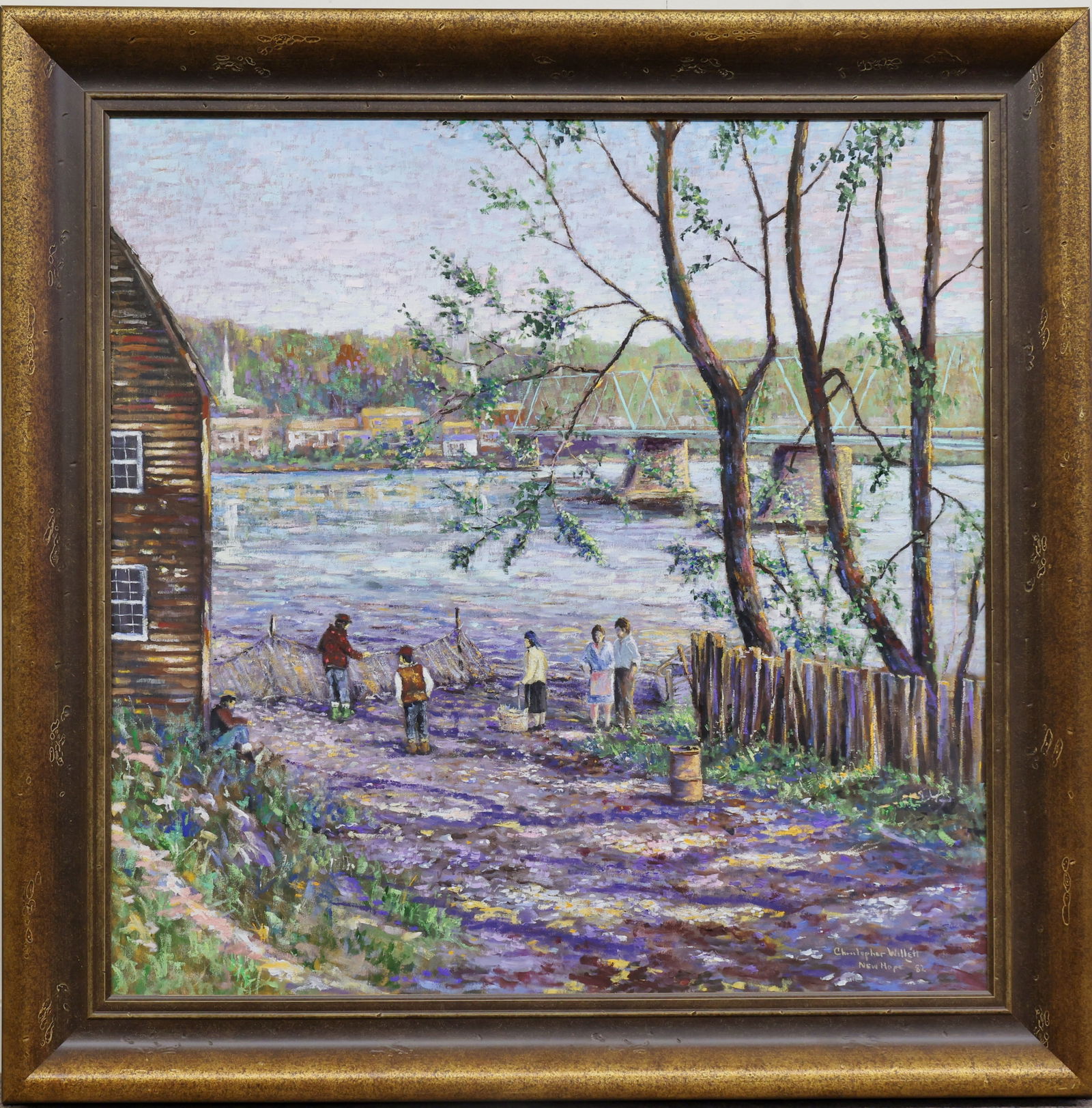 Christopher G. Willett (Born 1959): Oil on canvas, "New Hope", SLR. Impressionist riverbank scene with figures, nets, and the bridge to Lambertville. 36"h x 36"w and 44"h x 44"w framed