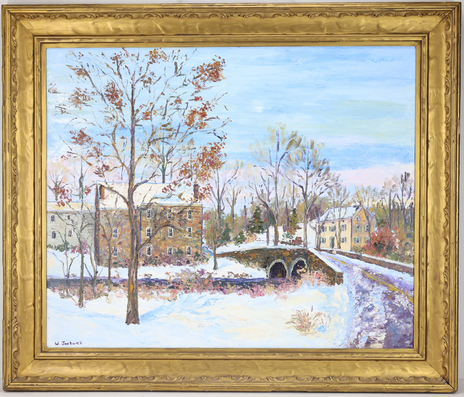 William Jachwak (Born 1954): Oil on board "The Evans Mumbower Mill in Winter", SLR. Snowy winter landscape of a historic Montgomery County, mill along the Wissahickon Creek. 26"h x 32"w and 32.75"h x 38.5"w framed