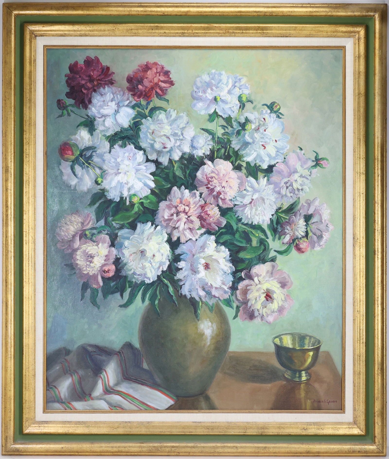 Mildred S. Gehman (1908 - 2006): Oil on canvas, "Peonies", SLR. Tabletop still life of vase of flowers. 36"h x 30"w and 44.5"h x 38.5"w framed