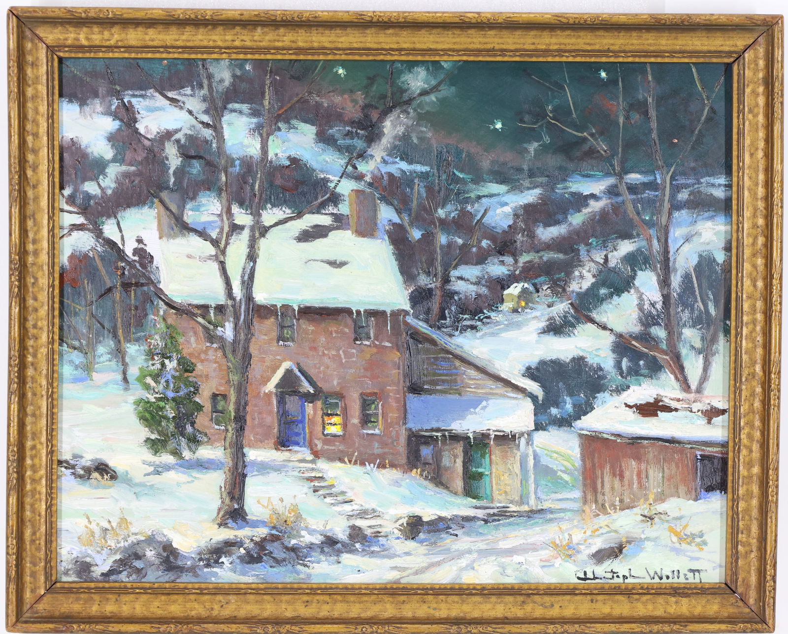 Christopher G. Willett (Born 1959): Oil on board, "House on the Band, Buckingham, Bucks County, Pa", SLR. Snowy winter landscape with snow covered stone house. 11"h x 14"w and 12.5"h x 15.5"w framed