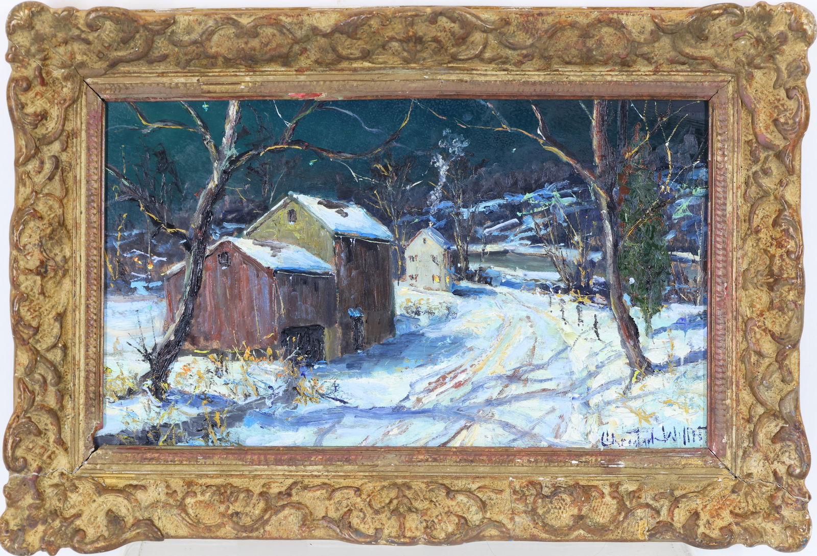 Christopher G. Willett (Born 1959): Oil on board, "Ferry Road, Point Pleasant, Bucks County, PA", SLR. Nocturnal snowy winter landscape. 8"h x 13"w and 11"h x 16"w framed
