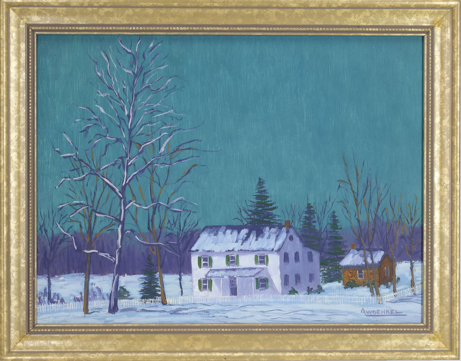 Andrew Woehrel (Born 1958): Oil on board, SLR. Winter landscape with farmhouse, outbuildings, and bare trees. 12"h x 16"w and 14.5"h x 18.5"w framed.