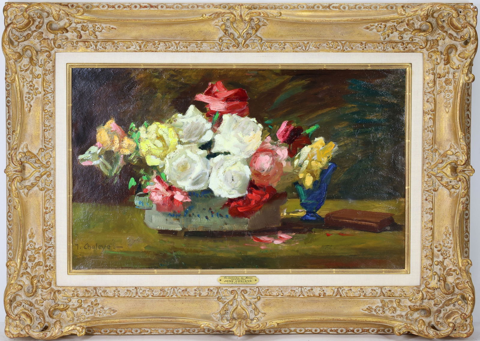 Jean Chaleye (1878-1960): Oil on canvas, SLL. Impressionist still life of roses in a stoneware pot. 15"h x 25"w and 25"h x 33.5"w framed