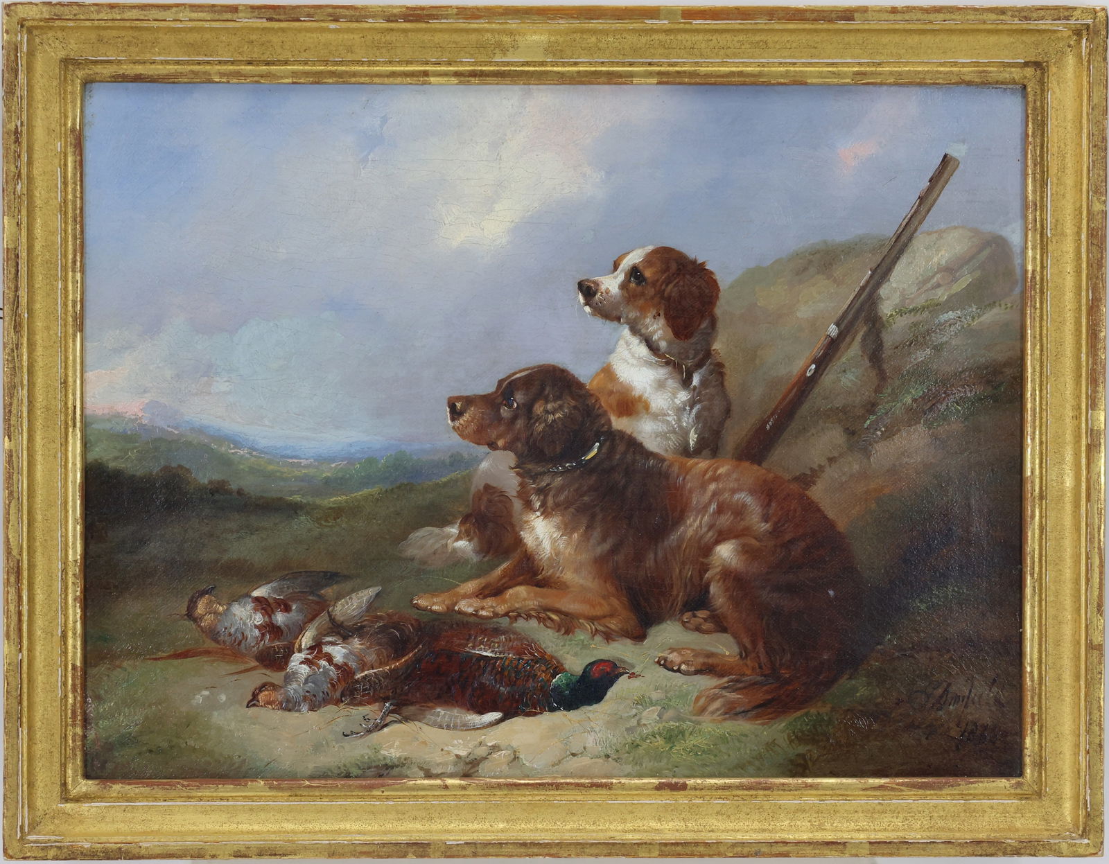 George Armfield (1808-1893): Oil on canvas, SLR. Landscape with hunting dogs with game birds and resting shotgun. 12"h x 16"w and 14"h x 18"w framed