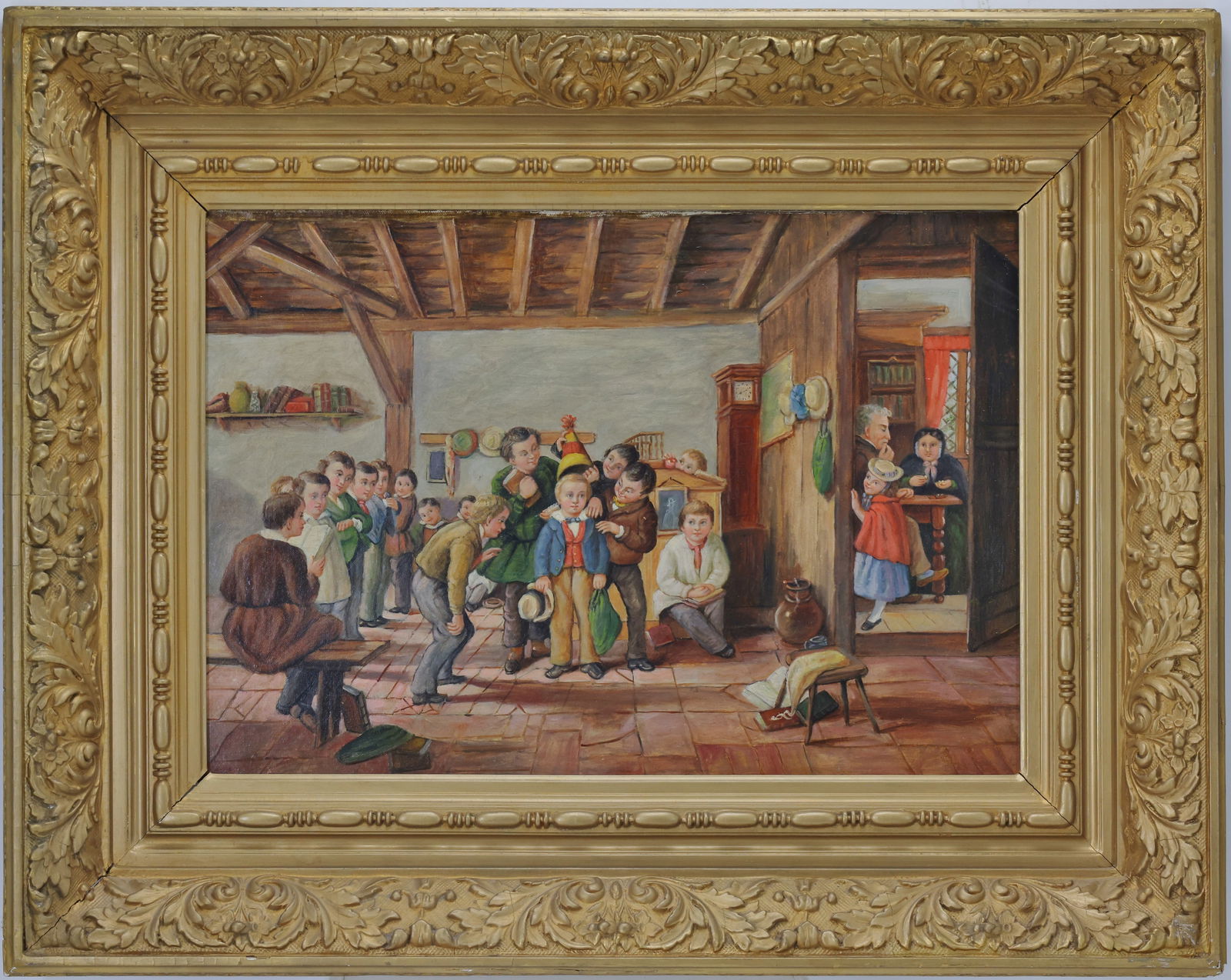 Oil on Canvas: Oil on canvas, unsigned. 19th-century genre interior scene dwith children teasing a boy in a rustic schoolroom. Relined. 14"h x 20"w and 24"h x 29"w framed