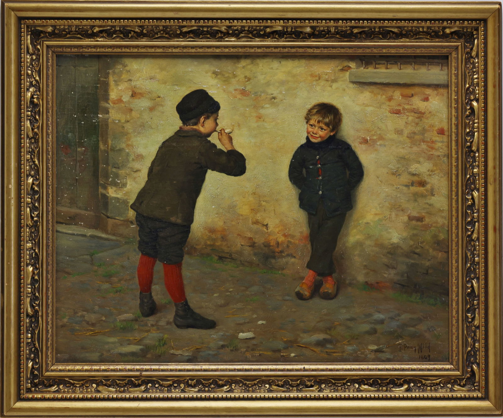 Frank Percy Wild (1861-1950): Oil on board, SLR. Dutch genre scene with a pair of young lads playing. 12"h x 15"w and 16"h x 19.5"w framed