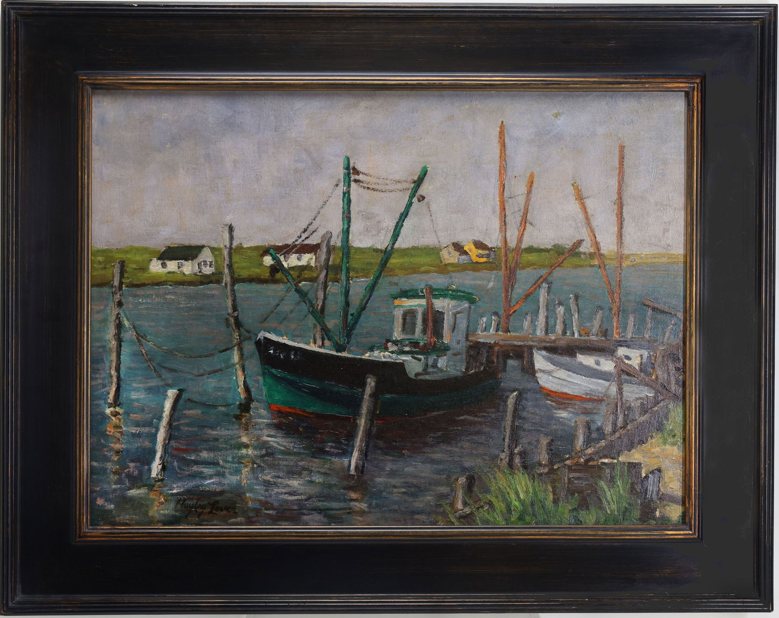 Hayley Lever (1876 - 1958): Oil on board, SLR. Impressionist harbor scene with moored fishing boat and dock pilings. 18"h x 24"w and 24"h x 30"w framed
