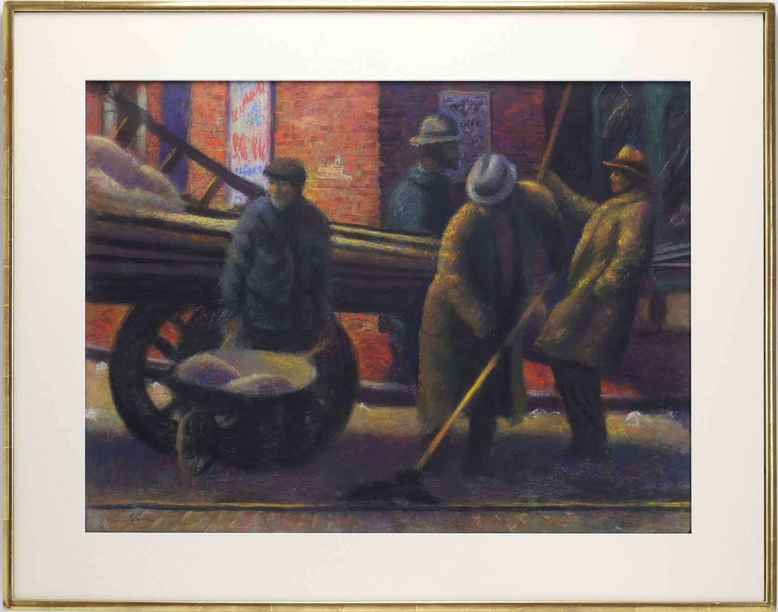 Glenn Stuart Pearce (1909 - 1986): Pastel on paper, SLL. WPA style scene of laborers loading a cart. 20"h x 27"w sight and 27"h x 34"w framed