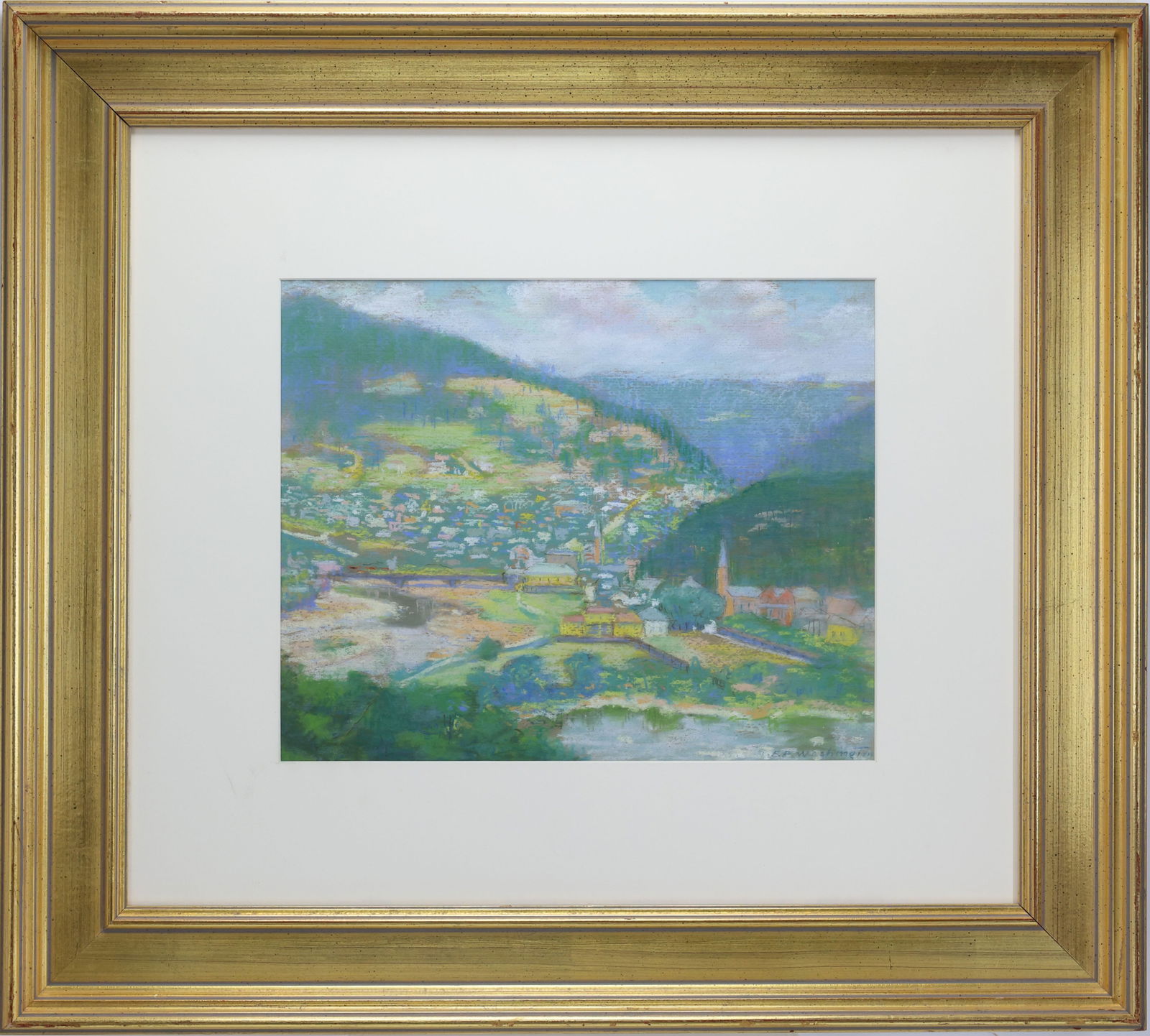 Elizabeth Fisher Washington (1871 - 1953): Pastel, SLR. Impressionist mountain landscape showing a town down in a valley. 12.5"h x 15.25"w sight and 26.5"h x 29"w framed