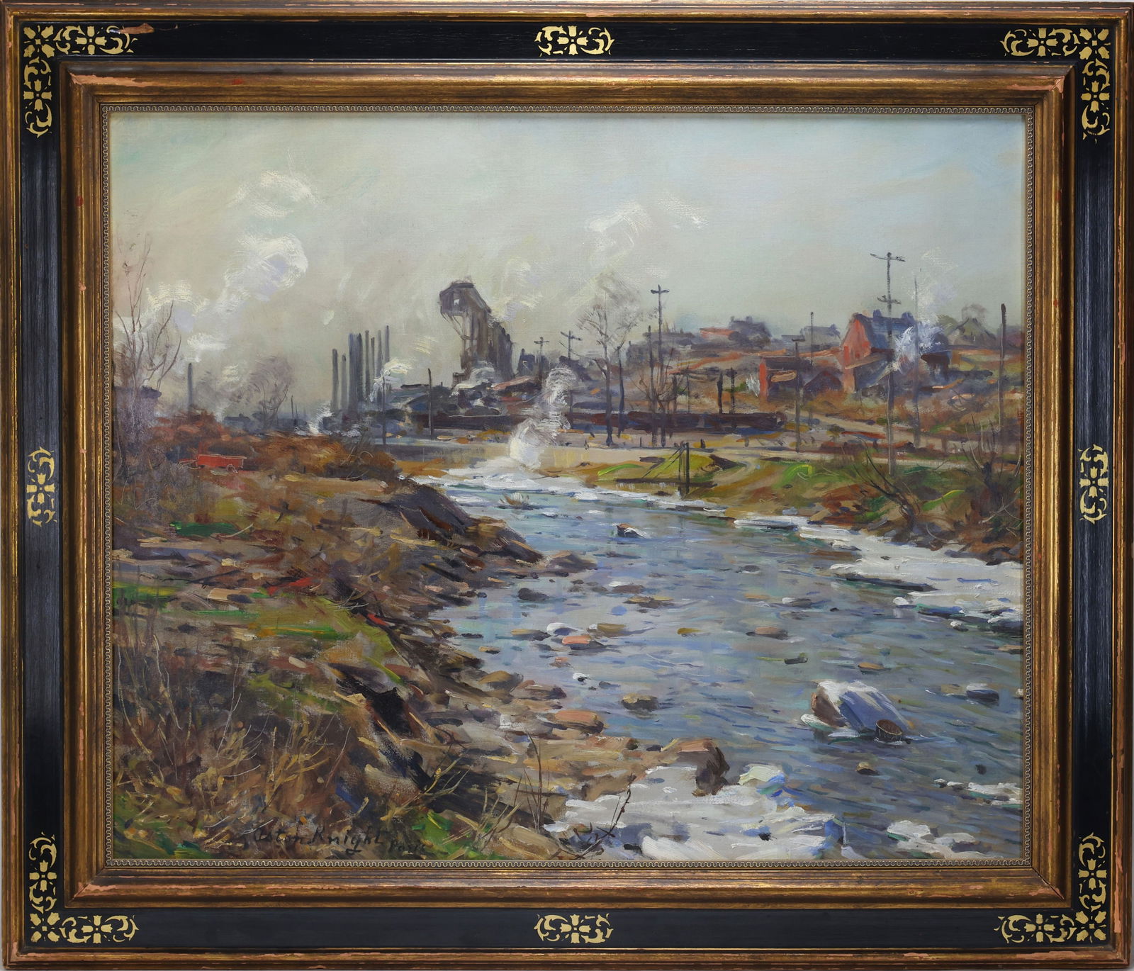 Louis Aston Knight (1873 - 1948): Oil on canvas, "A colliery in Wilkes-Barre, PA", SLL. Impressionist industrial river landscape with factory buildings and smokestacks beyond a rocky stream. 25.5"h x 32"w and 32.5"h x 38.5"w framed