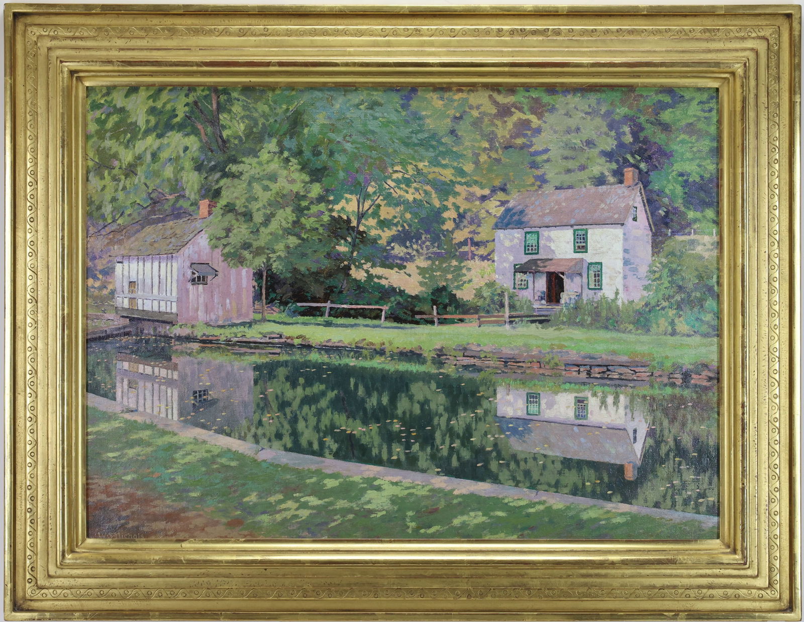W S Nichols (20th Century): Oil on canvas, SLL, "At Lock 15-16, Smithtown, Bucks County" dated 1932. Impressionist canal landscape with mill, house, trees, and reflections in still water.18"h x 25"w and 24"h x 31"w framed. From