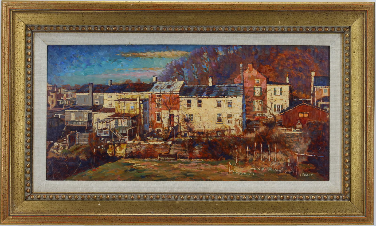Joseph James Crilley (1920 - 2008): oil on board, “Brunswick Avenue Backyards,” SLR. Impressionist townscape with row houses, rear porches, and autumn trees under a blue sky. 8”h x 16”w and 12”h x 20”w