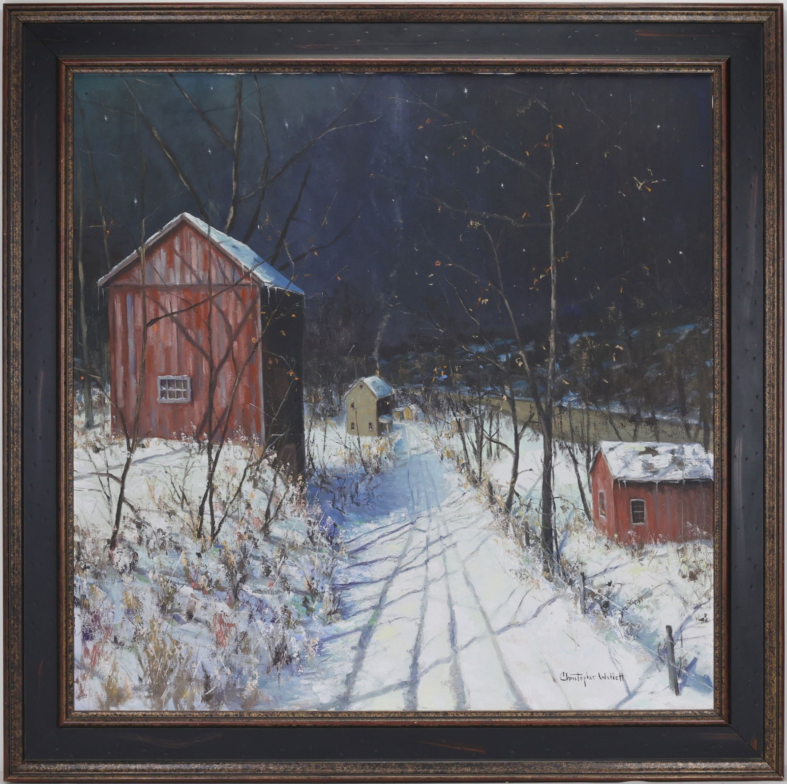 Christopher G. Willett (Born 1959) FA: oil on canvas, “Passing Through Point Pleasant”, SLR, Winter nocturne with snow covered road, red barns, bare trees, and a distant farmhouse. 30”h x 30”w and 36”h x