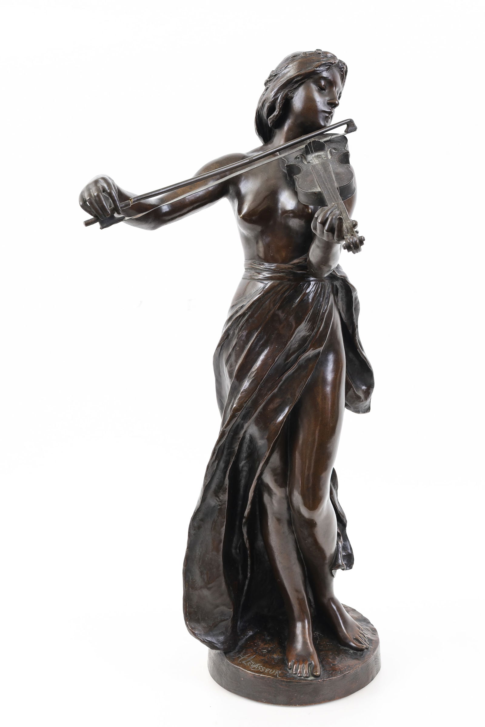 Henri Louis Levasseur (1853 - 1934): French bronze sculpture of a semi-nude female violinist. Impressed signature to the base, and with a Goldsheider foundry mark to the interior. 24.5"h x 10"w x 12"d