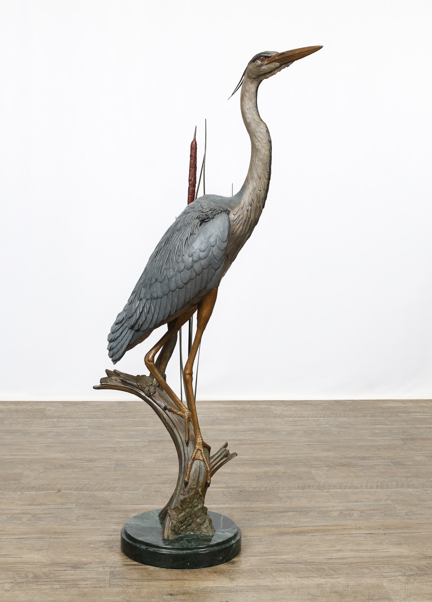 David H. Turner (B. 1961): Cold painted bronze sculpture, "Alert Great Blue Heron (Full Size)", mounted to a marble stand, impressed signature and foundry mark near the base, dated 2003 and numbered 23/65, including