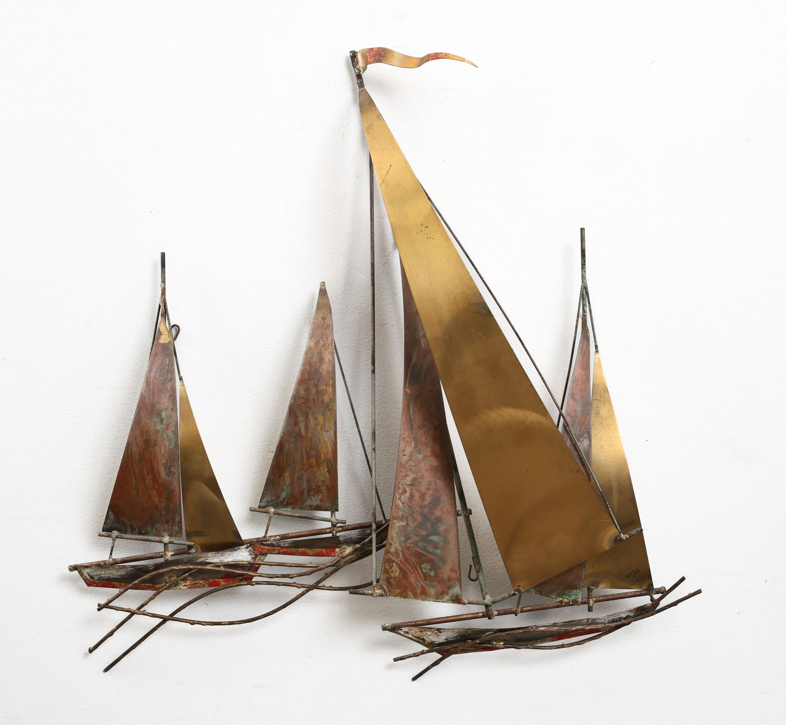 Curtis Jere Sailboats Wall Sculpture: Mixed metal wall sculpture of three sailboats. Hand signed. 27"h x 26"w