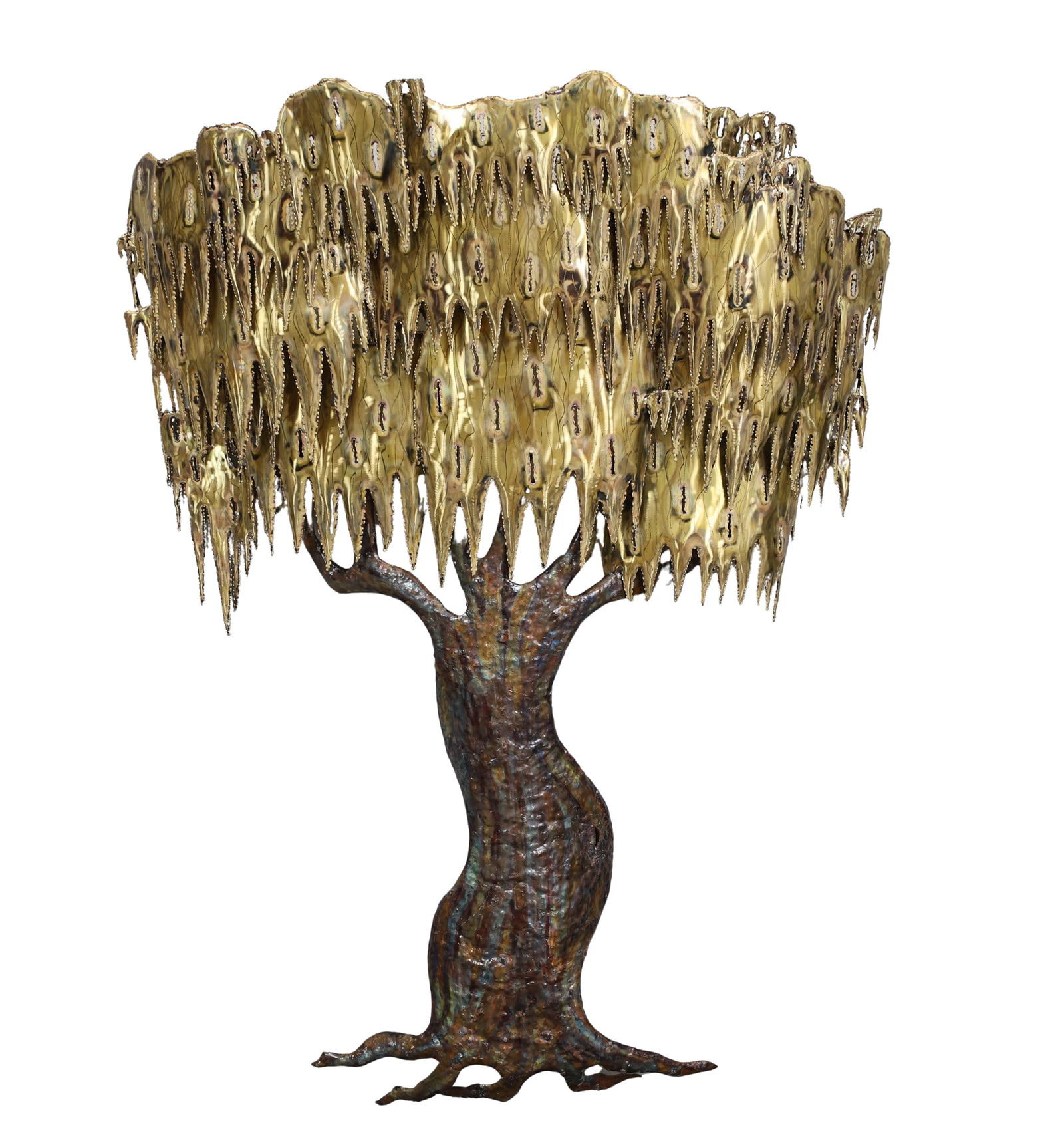 Floyd Brutalist Tree Wall Sculpture: Brutalist wall sculpture, torch cut mixed metal in the form of a weeping willow. Hand signed and numbered 1/5. 53"h x 41"w