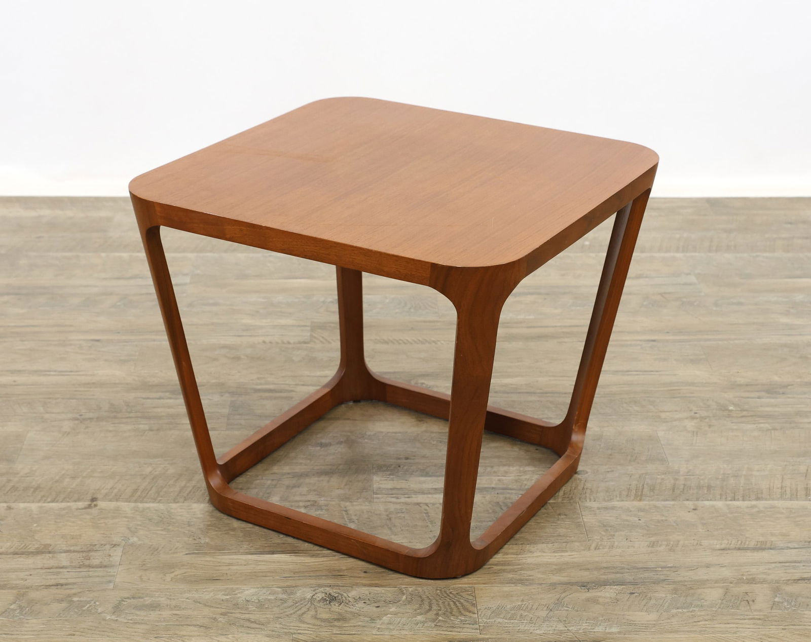 Marc Thorpe for Bernhardt Design "Area" Side Table: Teak side table, square with rounded corners and an open slightly tapered base. Labeled. Some surface wear. 17.5"h x 21"w x 21"d
