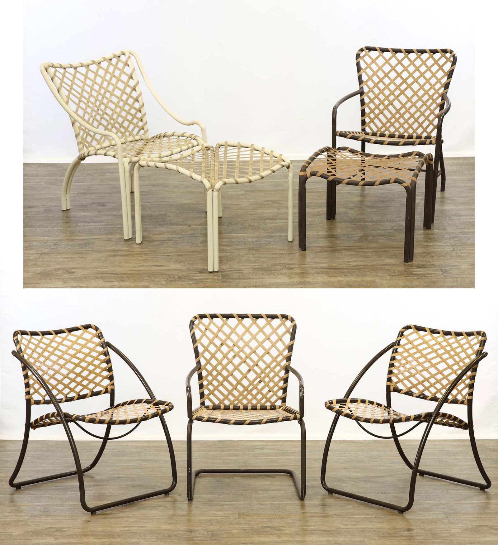Hall Bradley for Brown Jordan "Tamiami" Patio Furniture: Patio furniture, tubular aluminum and vinyl lace, including the original Tamiami armchair and ottoman with a white finished frame, a model 110-22 armchair and ottoman with a brown finished frame, a