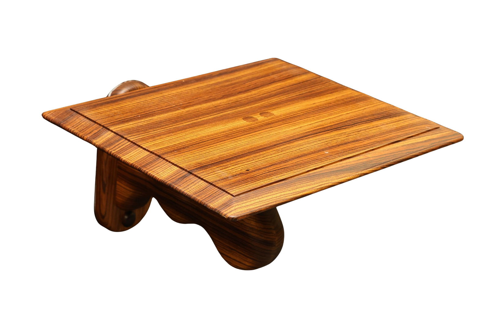 Zebrawood Console Table: Wall mount table with a beveled top and sculpted support. Unmarked. 13"h x 21"w x 22"d