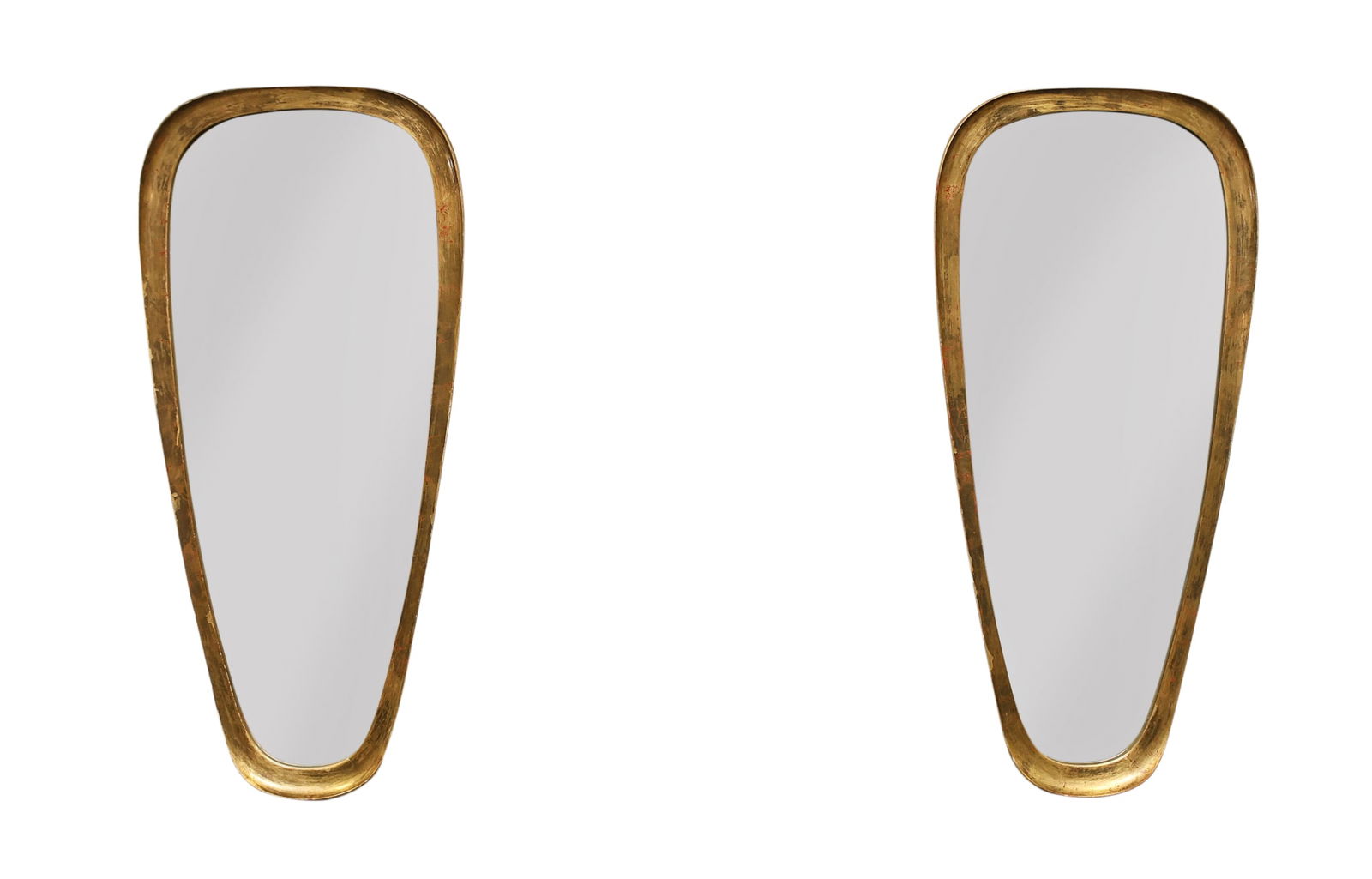Adeco Hollywood Regency Mirrors: Hollywood Regency pair of tapered oval wall mirrors with distressed gold frames. Labeled. 43"h x 20"w