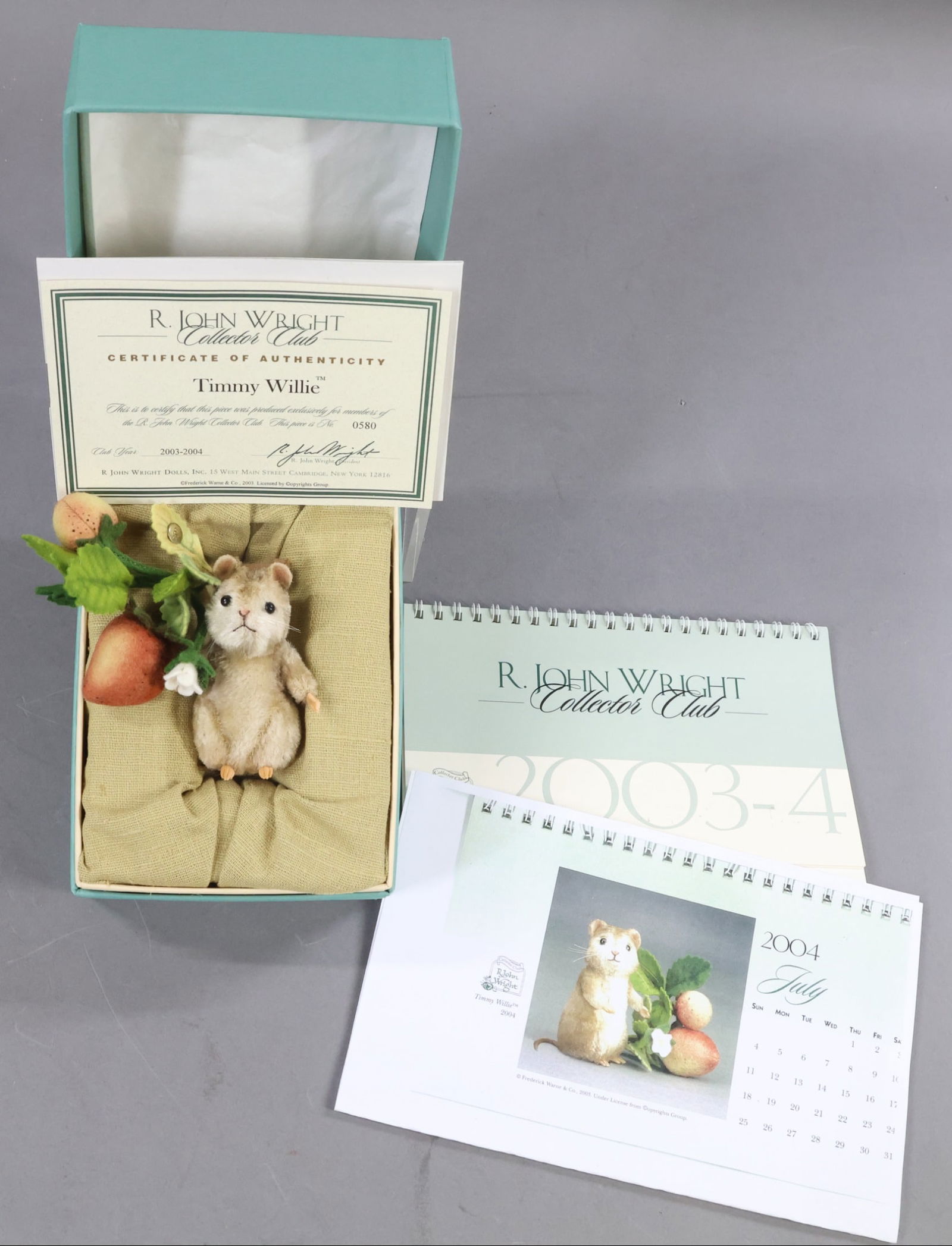 R. JOHN WRIGHT.: MIB Collector's Club 4" 2003-2004 "Timmy Willie". 0580/. COA. 2003-2004 Collector Club Calendar. This lot is being sold AS IS.