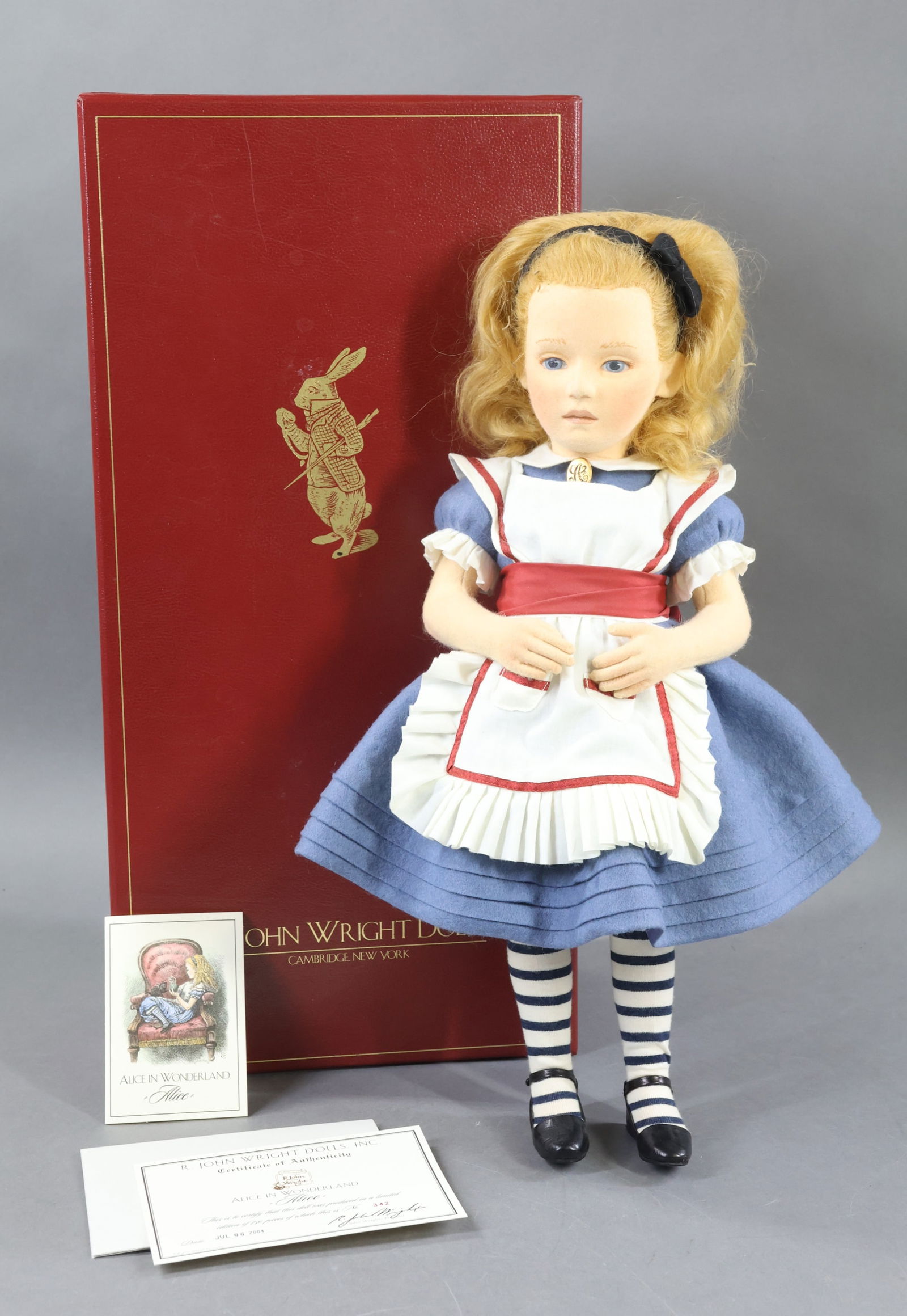 R. JOHN WRIGHT.: MIB 17" 2004 Alice in Wonderland "Alice" Doll, 342/750. COA. This lot is being sold AS IS.