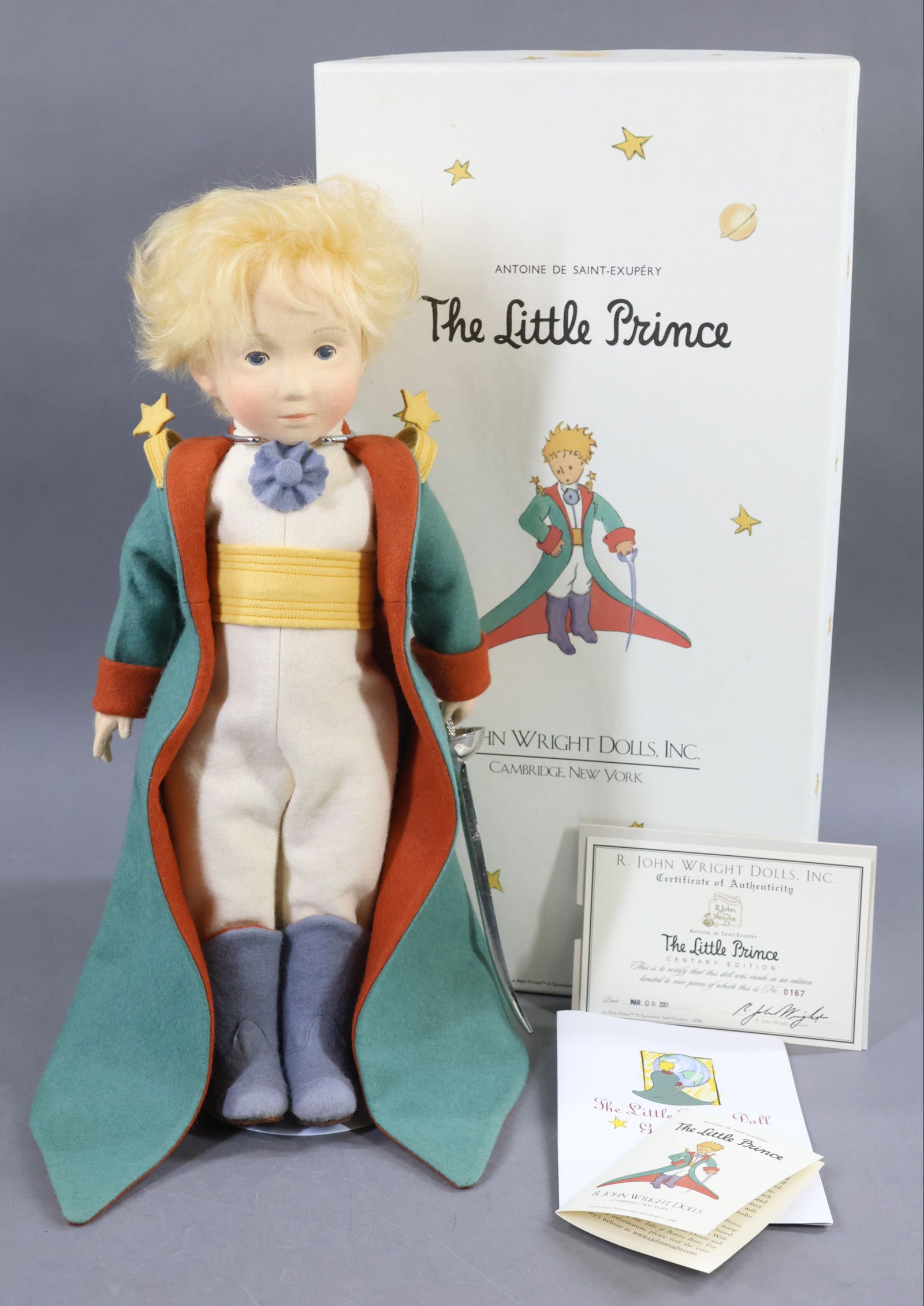 R. JOHN WRIGHT.: 15" MIB 2001 "The Little Prince" Centary Edition, 0167/1000. COA. Comes with his custom made metal sword. This lot is being sold AS IS.