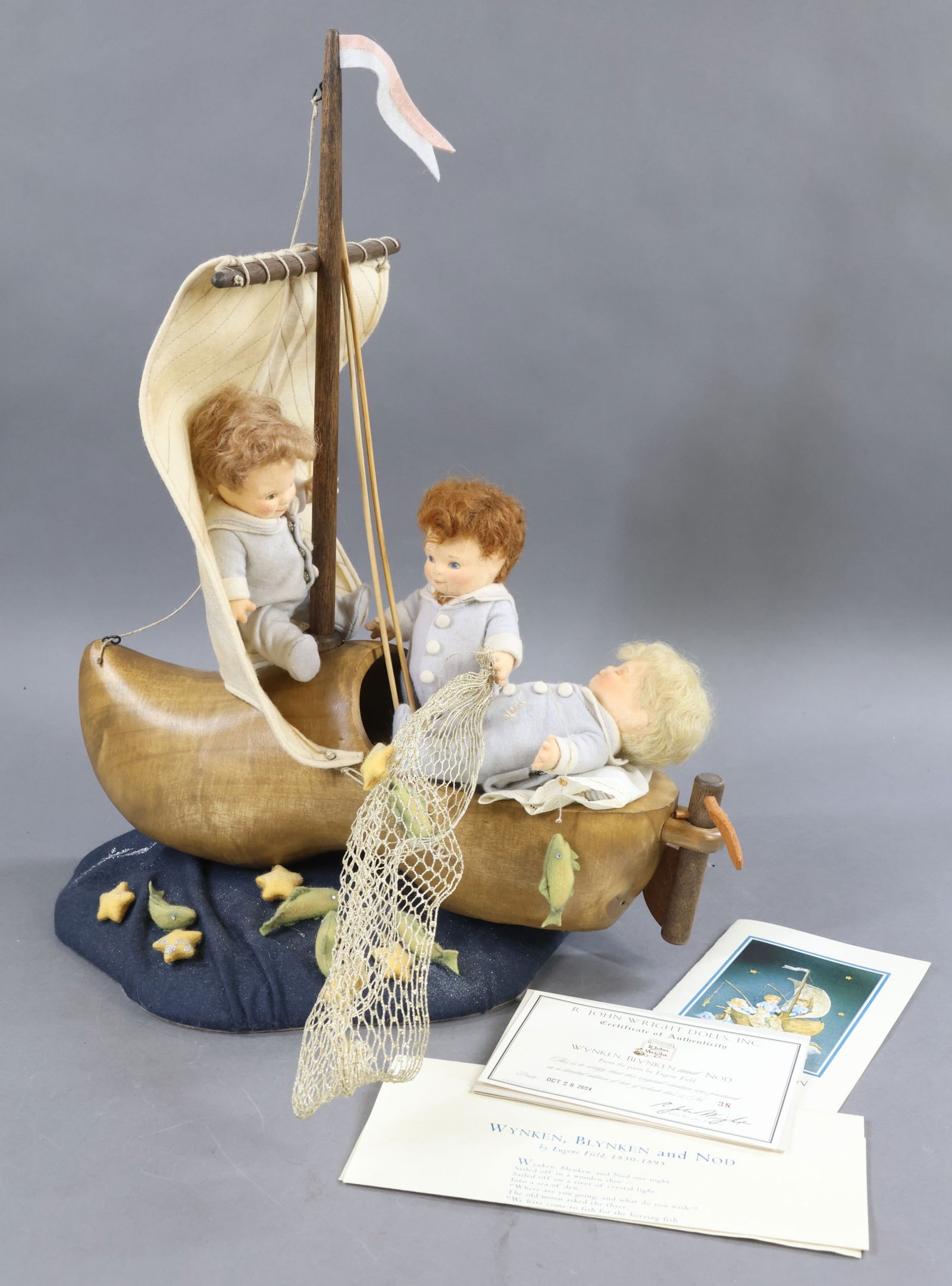 R. JOHN WRIGHT.: 2004 "Wynken, Blynken and Nod" (From the poem by Eugene Field), in OB. 38/100, COA. Condition: this is MINT but box has minor age discoloration/loss. It is being sold AS IS.