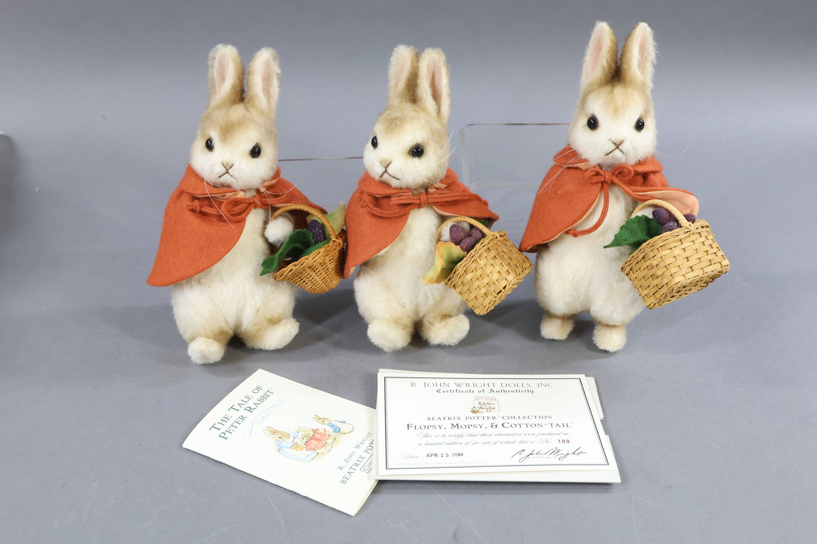 R. JOHN WRIGHT.: BEATRIX POTTER COLLECTION. MIB 2004 Set of 8" "Flopsy. Mopsy, & Cotton-Tail". 180/500. COA. This lot is being sold AS IS.