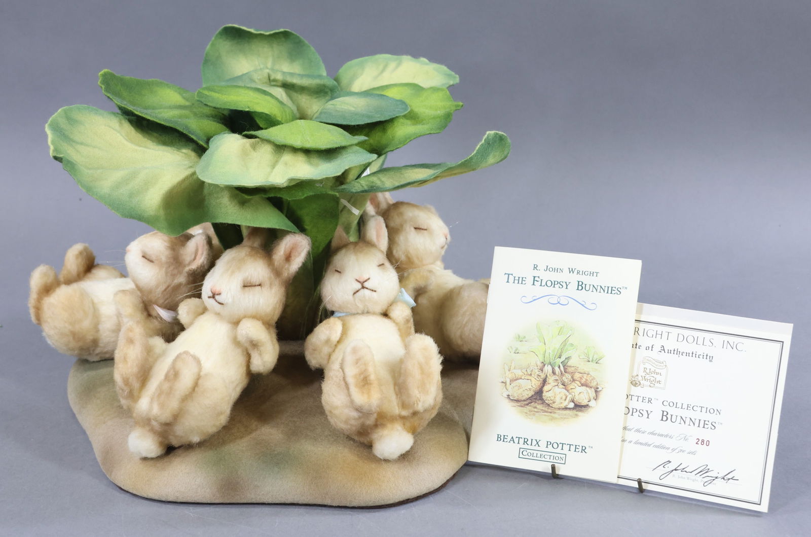 R. JOHN WRIGHT.: BEATRIX POTTER COLLECTION. 2002 "The Flopsy Bunnies", OB. 280/500. COA. Condition: this set is MINT. Age discoloration on box lid. This lot is being sold AS IS.