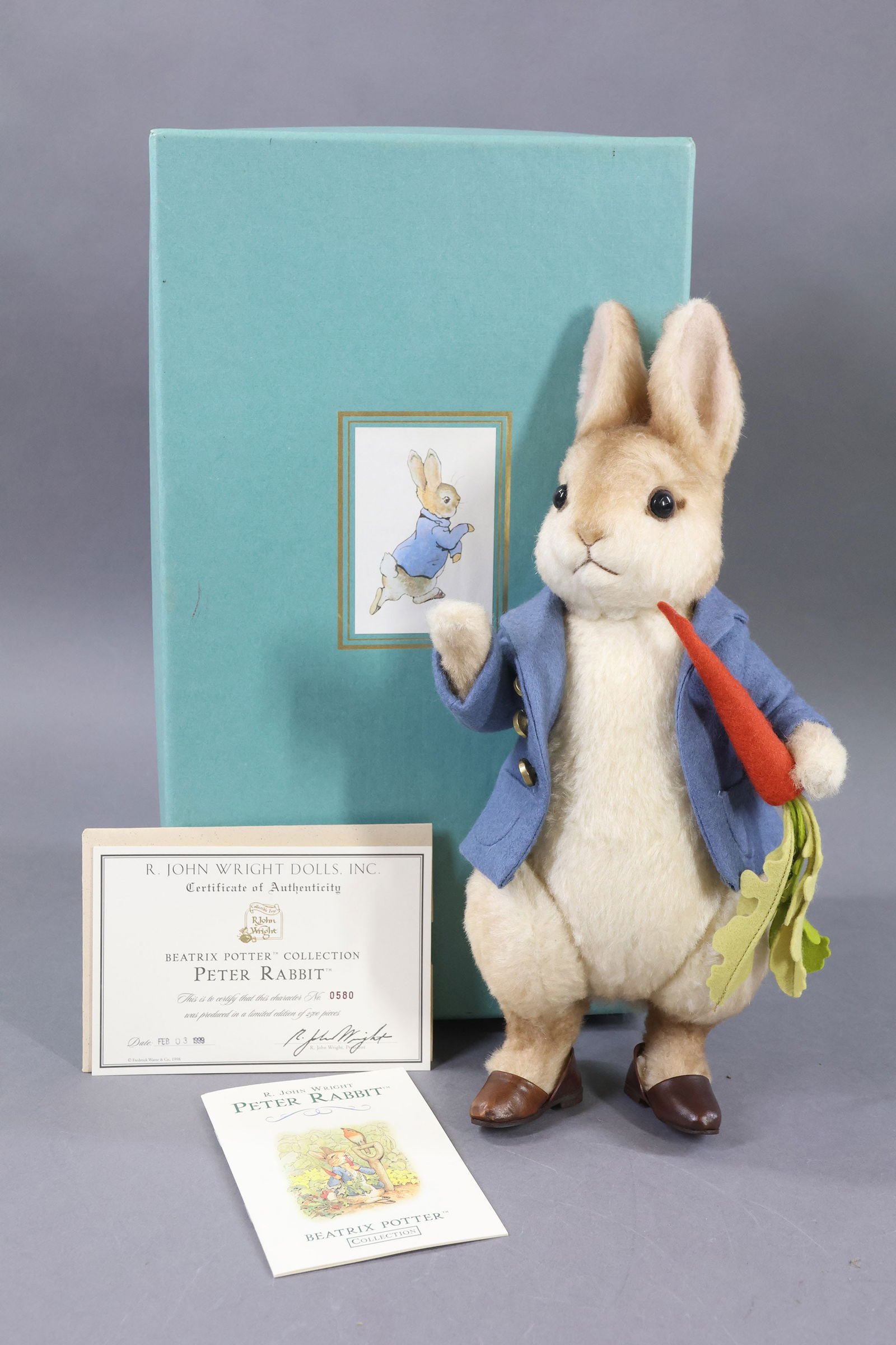 R. JOHN WRIGHT.: BEATRIX POTTER COLLECTION. 12" 1998 MIB "Peter Rabbit". 0580/2500. COA. This lot is being sold AS IS.