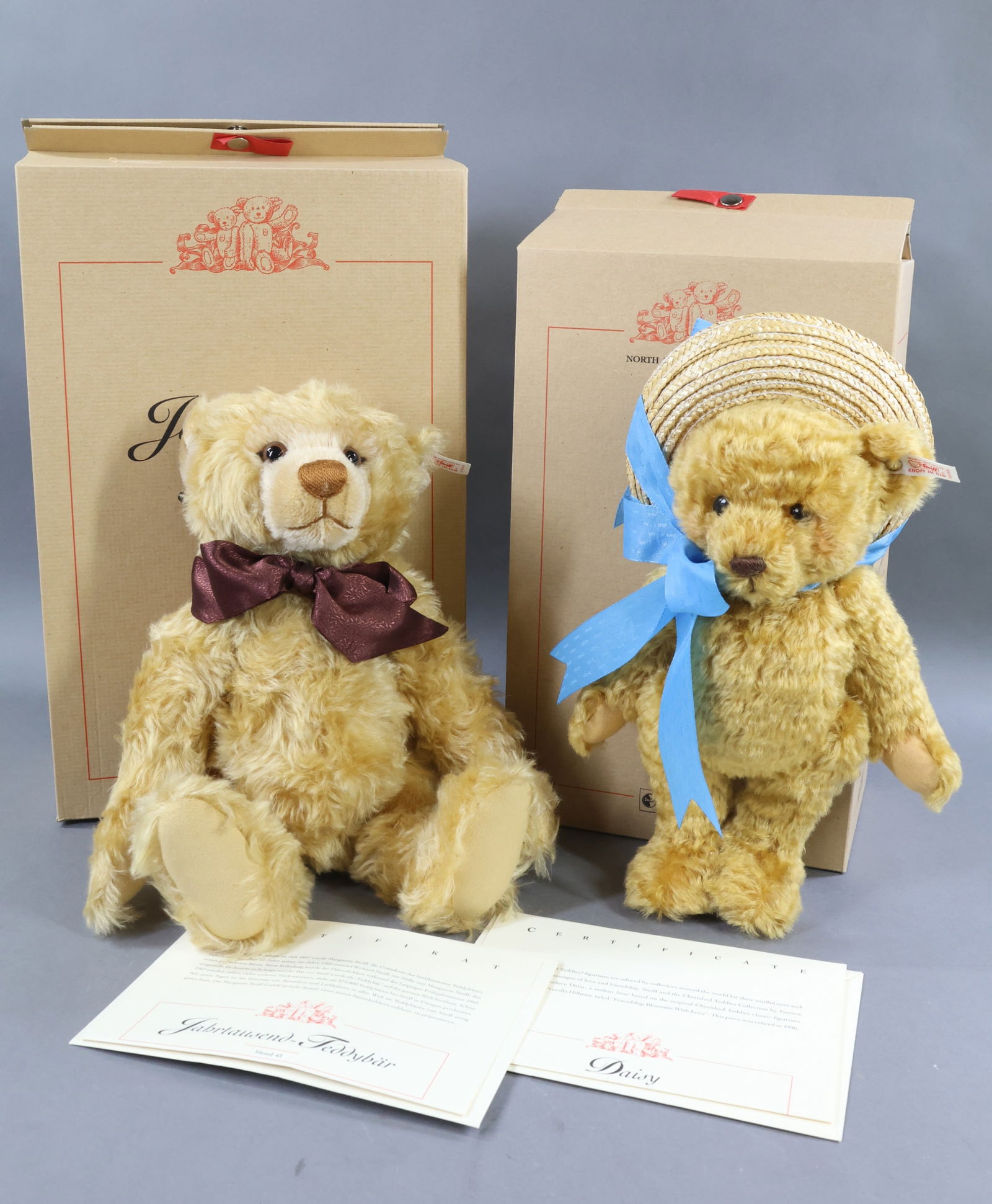 STEIFF.: Pair of MIB mohair Bears. 12" 1999 Blonde Cherished Teddies "Daisy" based on the original classic figurines created by artist Priscilla Hillman. COA. Incised brass button, white tag, 665905,