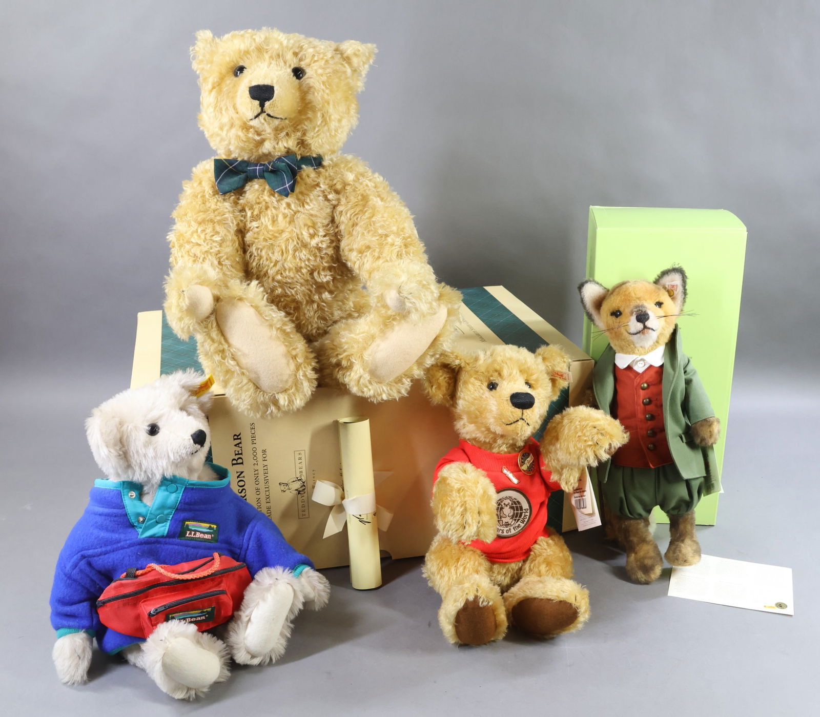 STEIFF.: LOT. 21" Blonde curly mohair "Henderson Bear" made Exclusively for Teddy Bears of Witney. OB. Growler. COA. Incised brass button, white tag, 653780. Condition: Bear is MINT, box has minor age