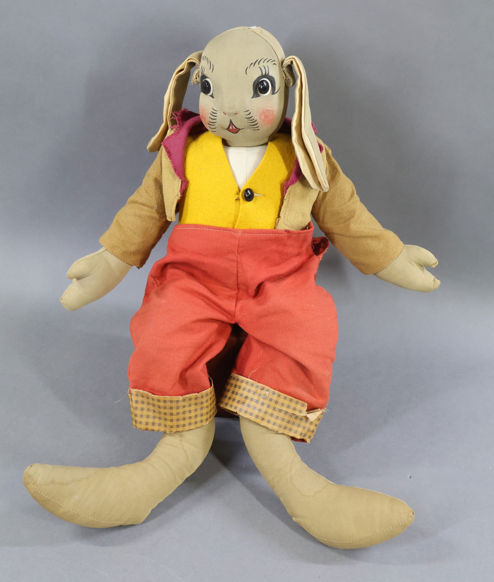 AMERICAN CLOTH DOLLS.: 19" All original "Uncle Wiggily" Rabbit doll. (Georgene Averill.) Condition: colors on clothing are bright. Age loss on checked cuffs. Age discoloration on legs. Overall appears to be in good shape.