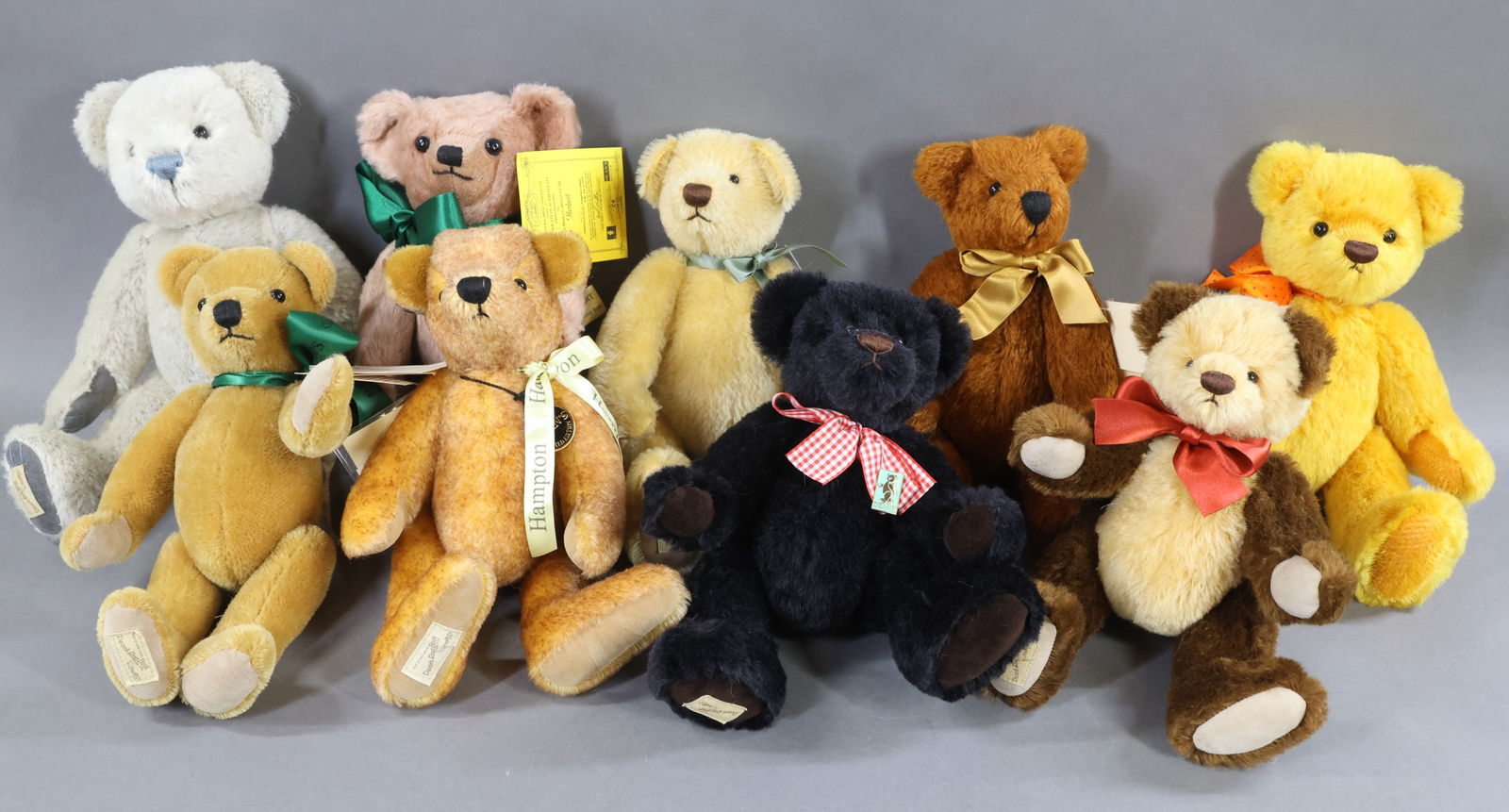 ENGLISH DEAN'S RAG BOOK BEARS.: LOT of (9) tagged MINT DEAN'S mohair Bears. All of the Bears have swivel necks and are fully jointed. 11" 2004 #4608 "Hampton", 1998 #4133 "Howard", 1995 #2126 "Herbert", 1999 #3739 "Hobson", 2007