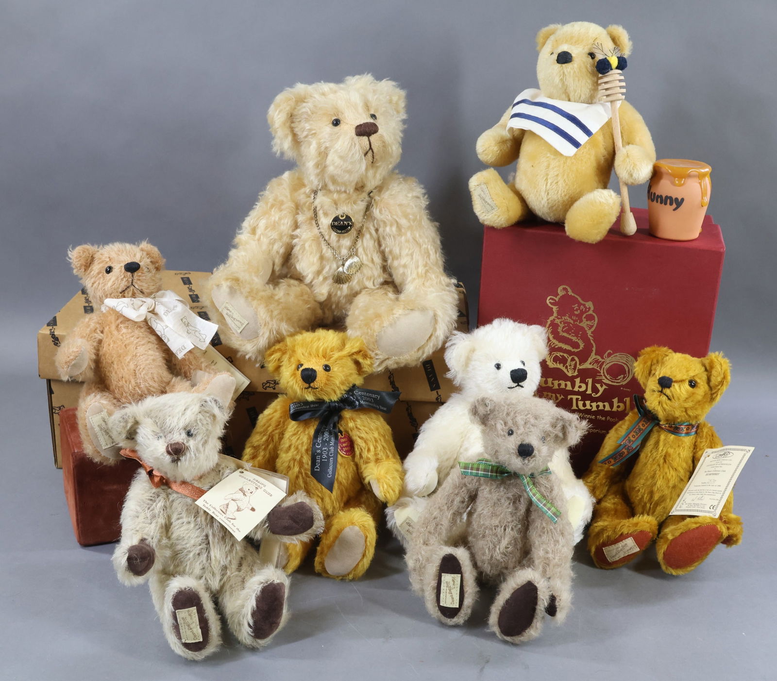 ENGLISH DEAN'S RAG BOOK BEARS.: LOT of (8) MINT tagged Mohair Bears. All of these bears have swivel necks and are fully jointed. 10" 1903-2003 #5761, "Henry". 2001 #6028, "Hugo". 1997 #3556, "Horace". "Doughnut", 97/1000. COA. 11"