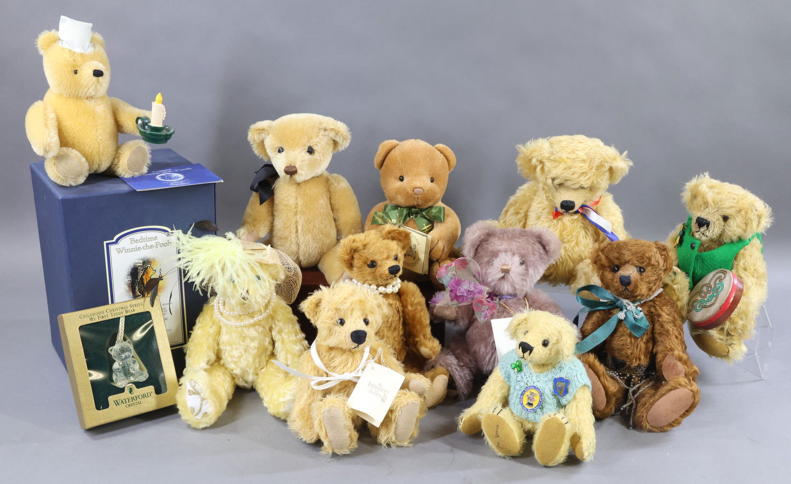 INTERNATIONAL MOHAIR/OTHER BEARS.: LOT of (12) tagged Bears. MOHAIR - 8" Craft T-Bears, Co. Cork Ireland. 10" Bogs Tegananau Bear, Wales. 10 1/2" Pride of Africa Bear No. 28/50, Bev Cain Artist, Waterfront, South Africa. 11" "Queen