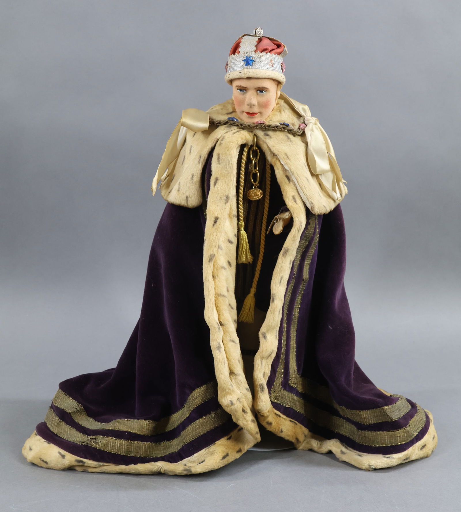 CLOTH DOLLS.: 14" All original "King George VI" Doll. An ALPHA FARNELL doll, Made in England. 1937 Coronation outfit? Felt face with painted features and hair. Metallic braid trim, purple velvet cape with white lin