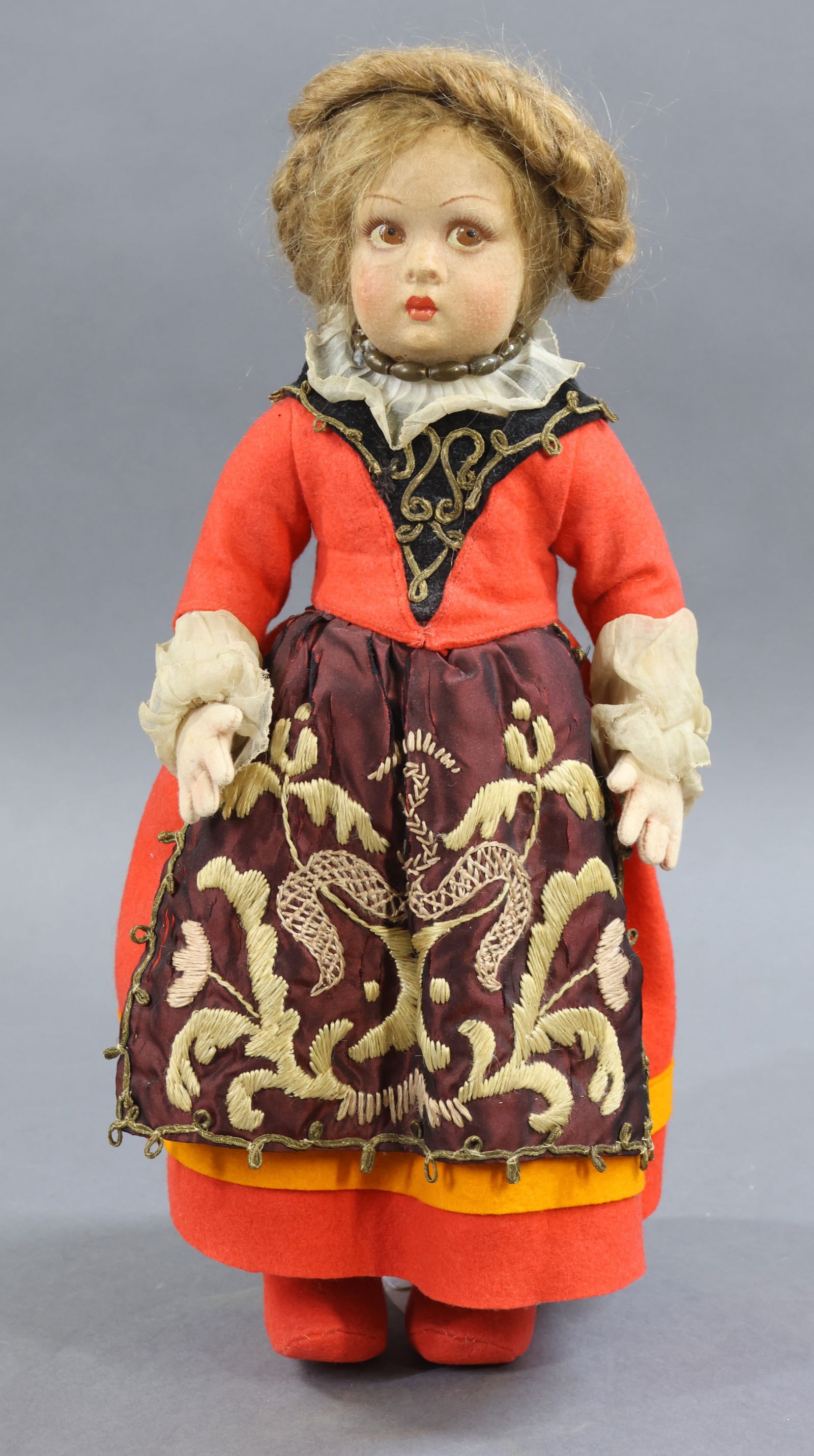 CLOTH DOLLS.: 14" All original 1930's LENCI doll dressed in period costume. Honey blonde braided mohair wig. Painted brown side glance eyes. Clothing made from wool felt, cotton and embroidered silk taffeta. Stand.