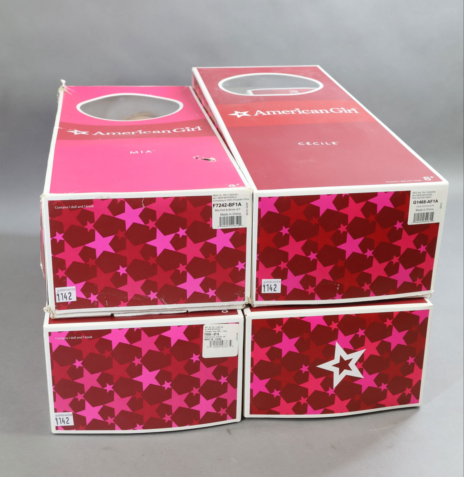 AMERICAN GIRL.: LOT of (4) dolls in OB. "Caroline". "Cecile" (age discoloration on hat), "Rebecca". 2018 Girl of the Year "Mia". Condition: dolls may be nearly MINT but items missing from OB and boxes show wear.