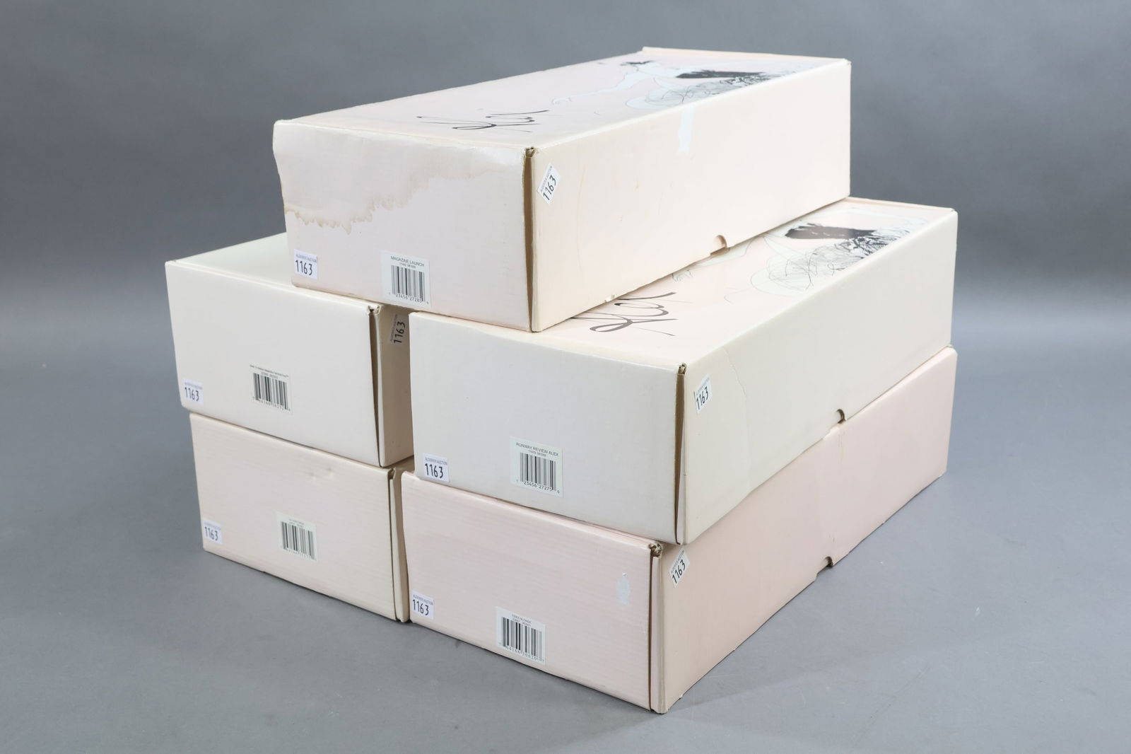 MADAME ALEXANDER ALEX DOLLS.: LOT of (5) 15" "Alex" dolls in OB. 2003 "Back To Basics Alexandra Fairchild Ford", 0351/750. COA. "Magazine Launch". No COA. 2001 "Tides Alex" (blonde), 1144/2500. COA. 2000 "Runway Review Alex", Ltd.