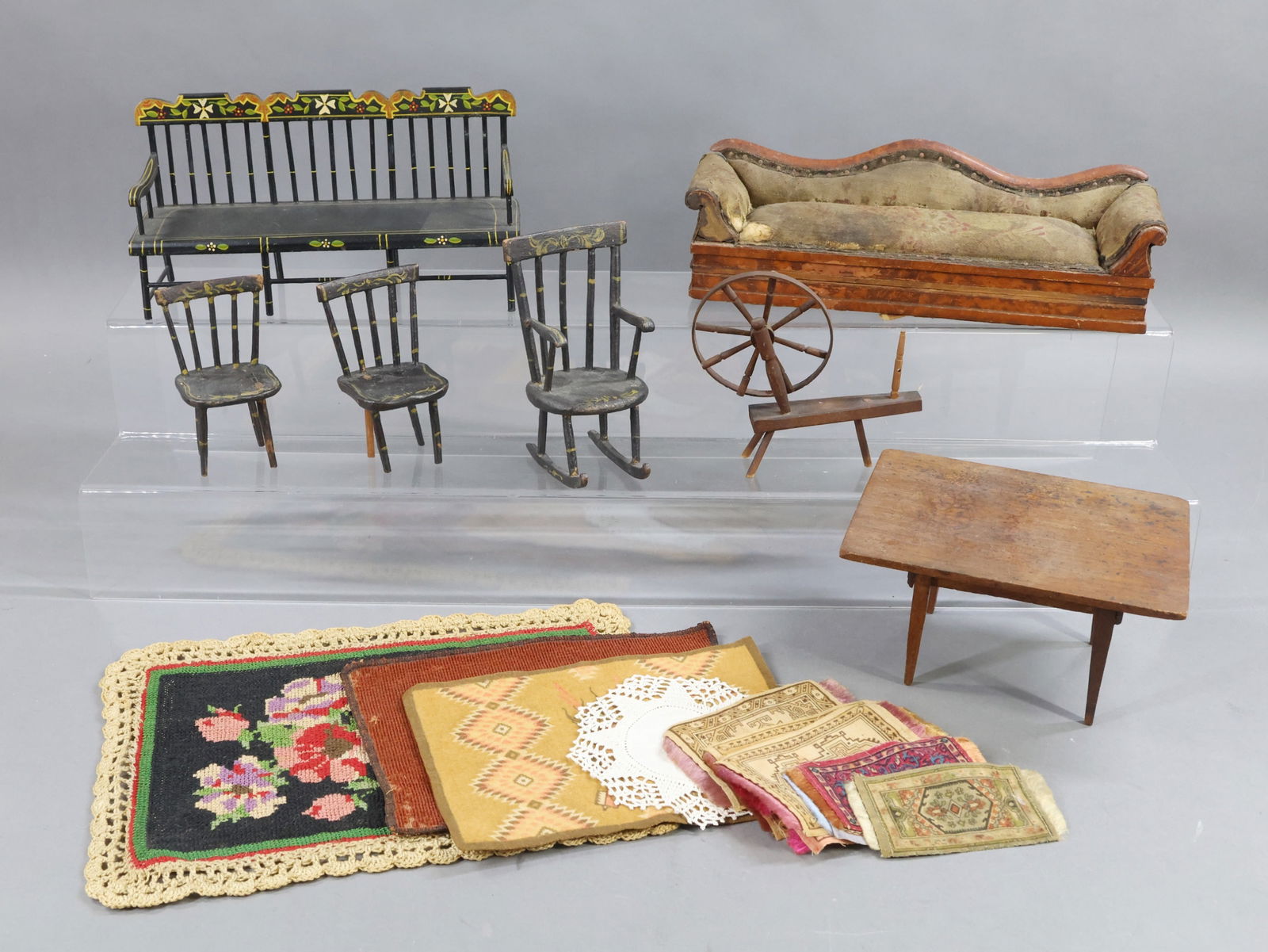 MINIATURES.: MUSEUM Deaccession. Lot of antique wooden Furniture, Rugs. This is a larger scale. Painted settee 5" T x 10" W. Painted rocking chair, (2) painted side chairs. Table 4" T, 5" x 7" top. Spinning wheel.