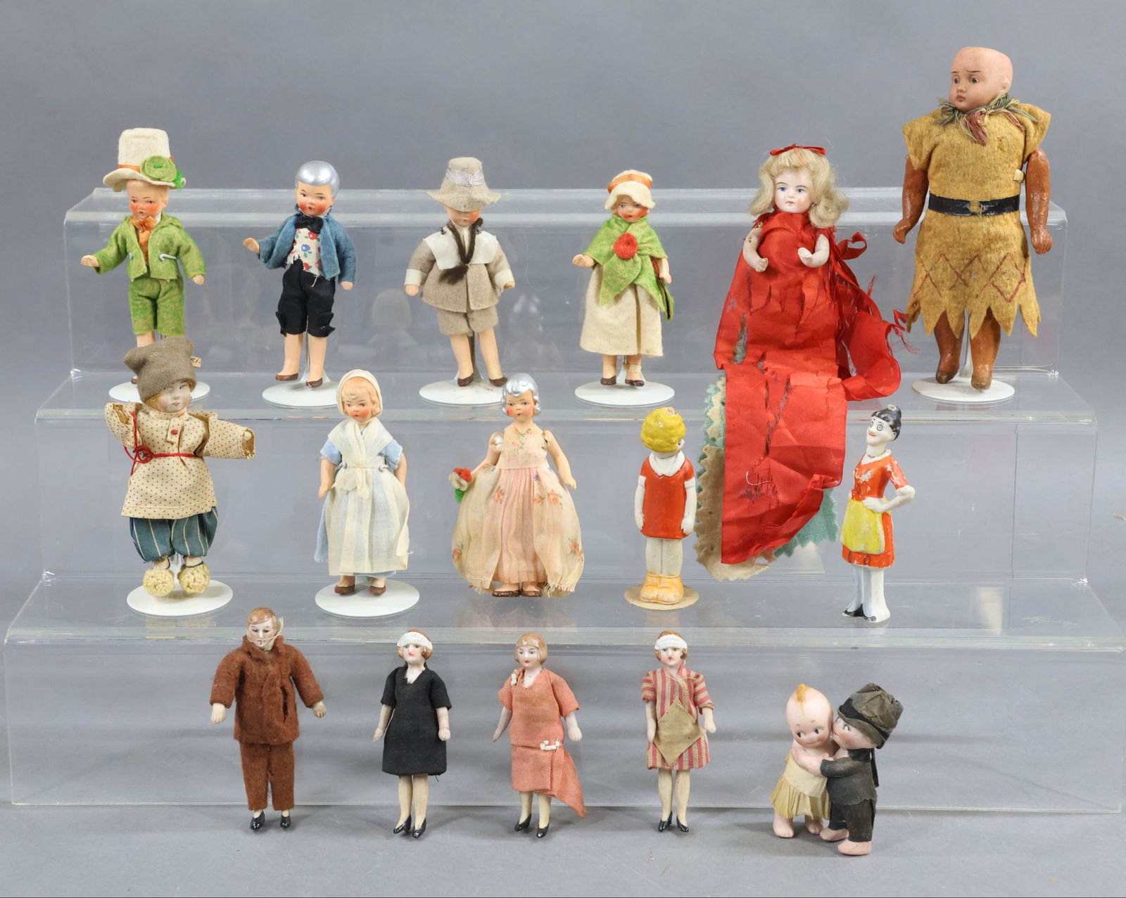 MINIATURES - DOLLS.: LOT of Doll house dolls, painted bisque dolls, nodders, Kewpies, Native American. Doll house - (4) 3"-3 1/2" dolls, German. Painted bisque - (6) 3 1/2'-4", German. Nodders - (2) 3 1/2" "Orphan Annie"