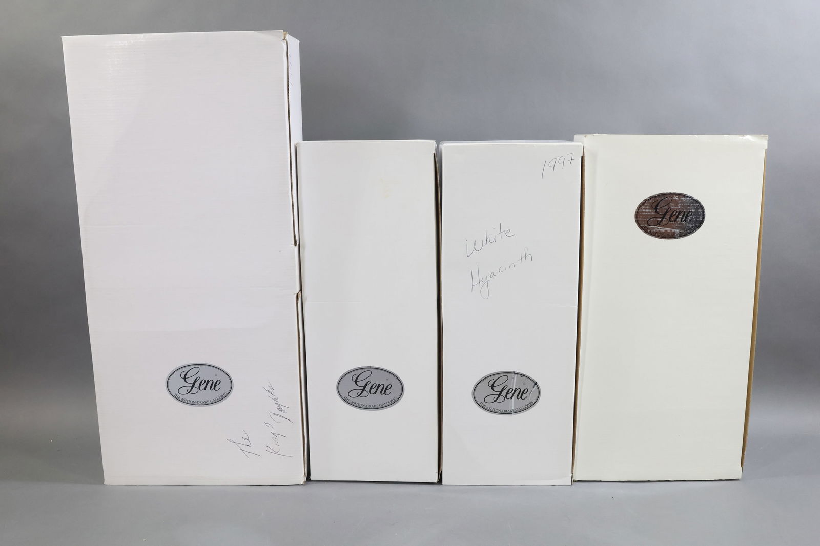 CONTEMPORARY ARTIST DOLLS.: LOT of Mel Odom's GENE. (3) MINT NRFB dolls in OB. Also - 1997 MINT GENE's Christmas Tree "White Christmas". NRFB. No COA. NOTE: boxes have all been written on and dated by original owner. 1997 "The