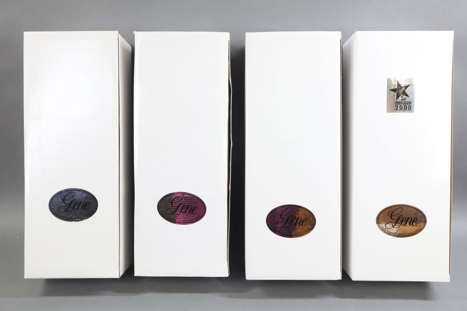 CONTEMPORARY ARTIST DOLLS.: LOT of Mel Odom's GENE. (4) MINT dolls in OB, NRFB. NOTE: boxes have been written on by original owner. 2000 5th Anniversary label on box."I Do". COA. #1977. Undated "Love, Paris". COA. #5819. 1998