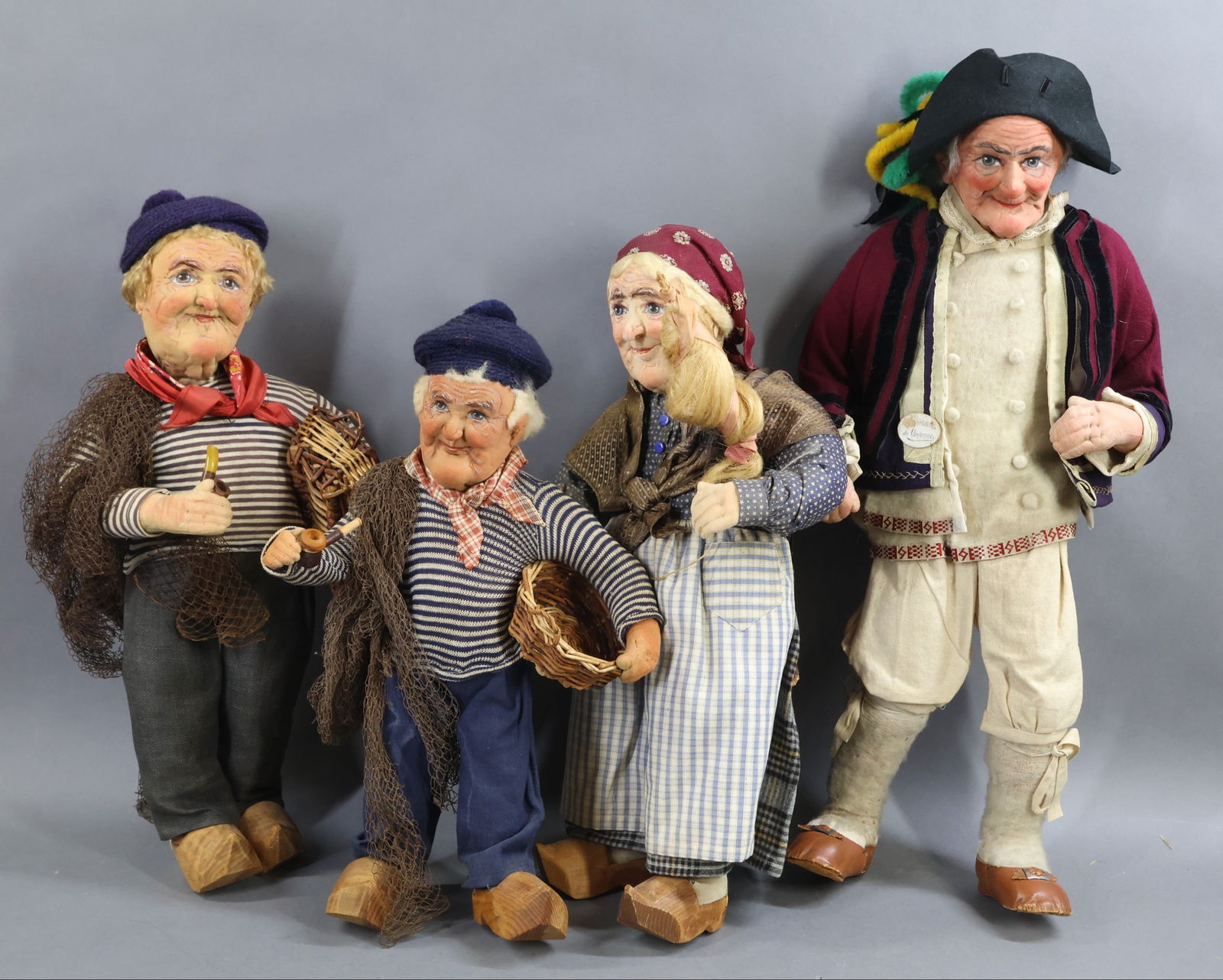 YVONNE SPAGGIARI/TYPE.: LOT of (4) dolls. (1) Of these dolls is tagged while the others are made in the manner of this artist. Tagged "Originaux de Voyenne" , all original 1930's 21" Elderly gentleman dressed in wool and lin